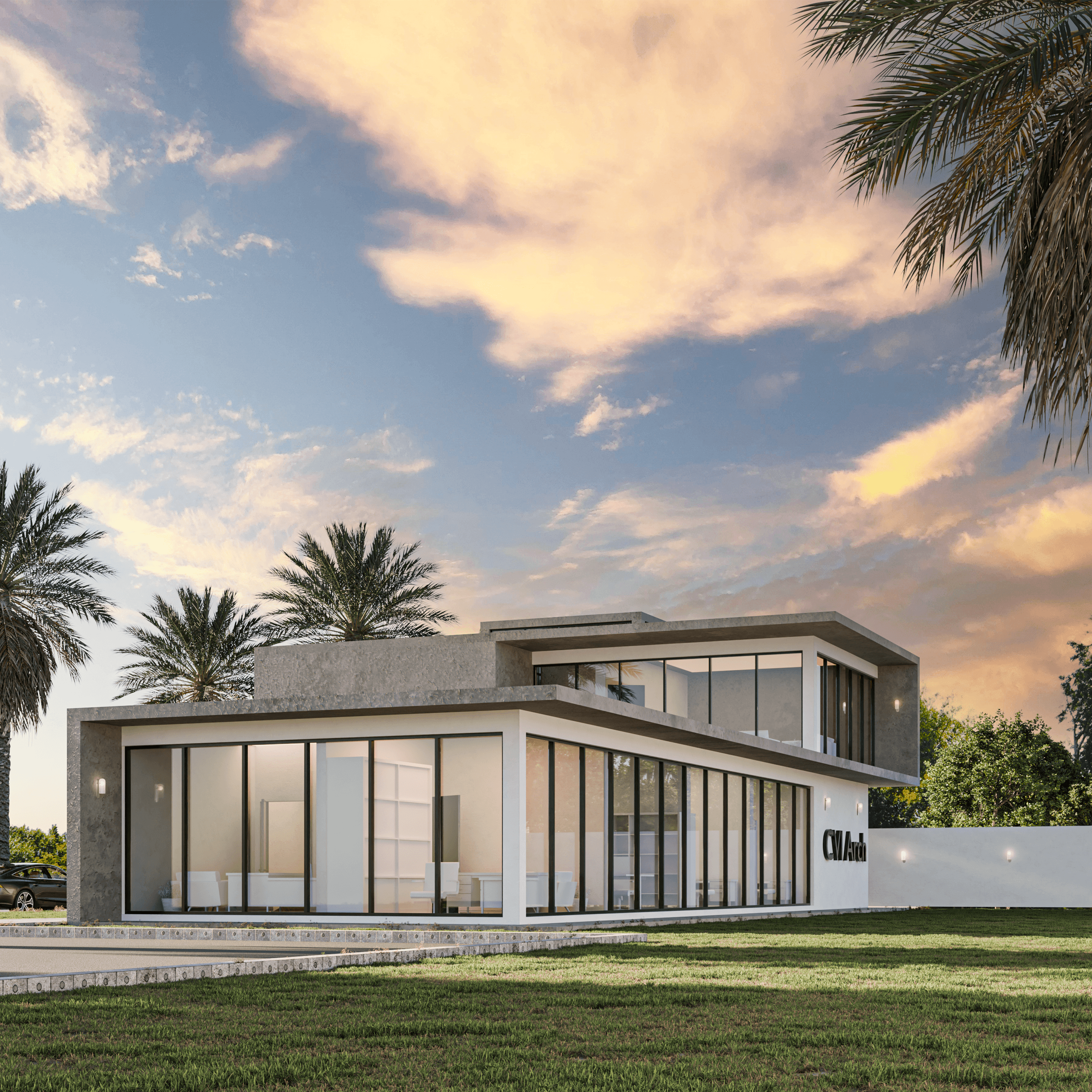 This view focuses on the transition between exterior and interior spaces. The entrance sequence is clear and controlled, guiding visitors intuitively without relying on signage or decorative gestures. The horizontal roof plane extends outward to create shade and protection, responding directly to climate conditions. Transparency at this level supports visibility and orientation, essential for a management facility where clarity and movement efficiency are critical.