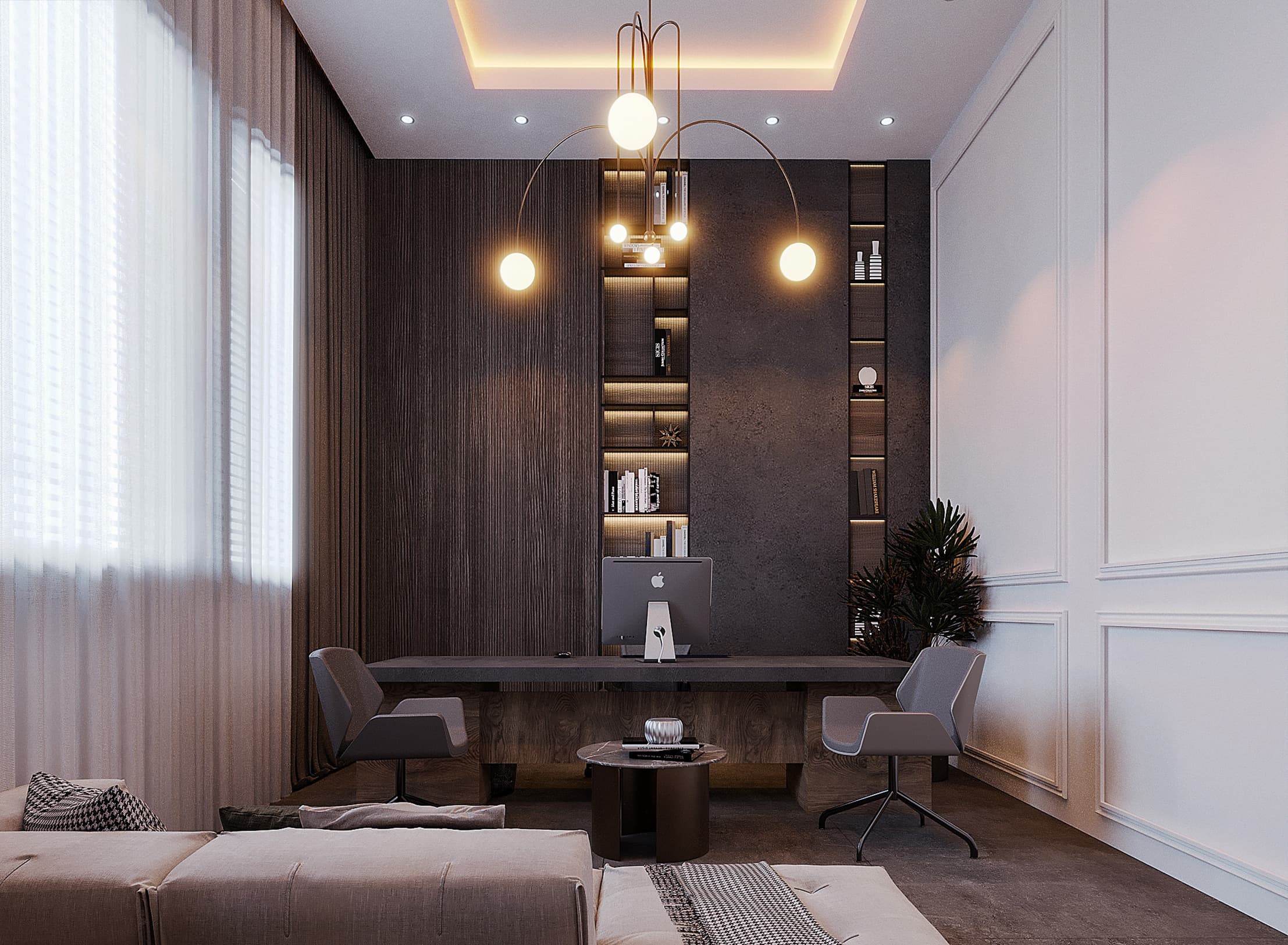 Work and meeting functions come together in a controlled, intimate setting. The desk is visually grounded, supported by darker materials that give the space weight and focus. Lighting is warm and directional, helping the room feel personal rather than corporate, while storage is integrated to avoid visual clutter.