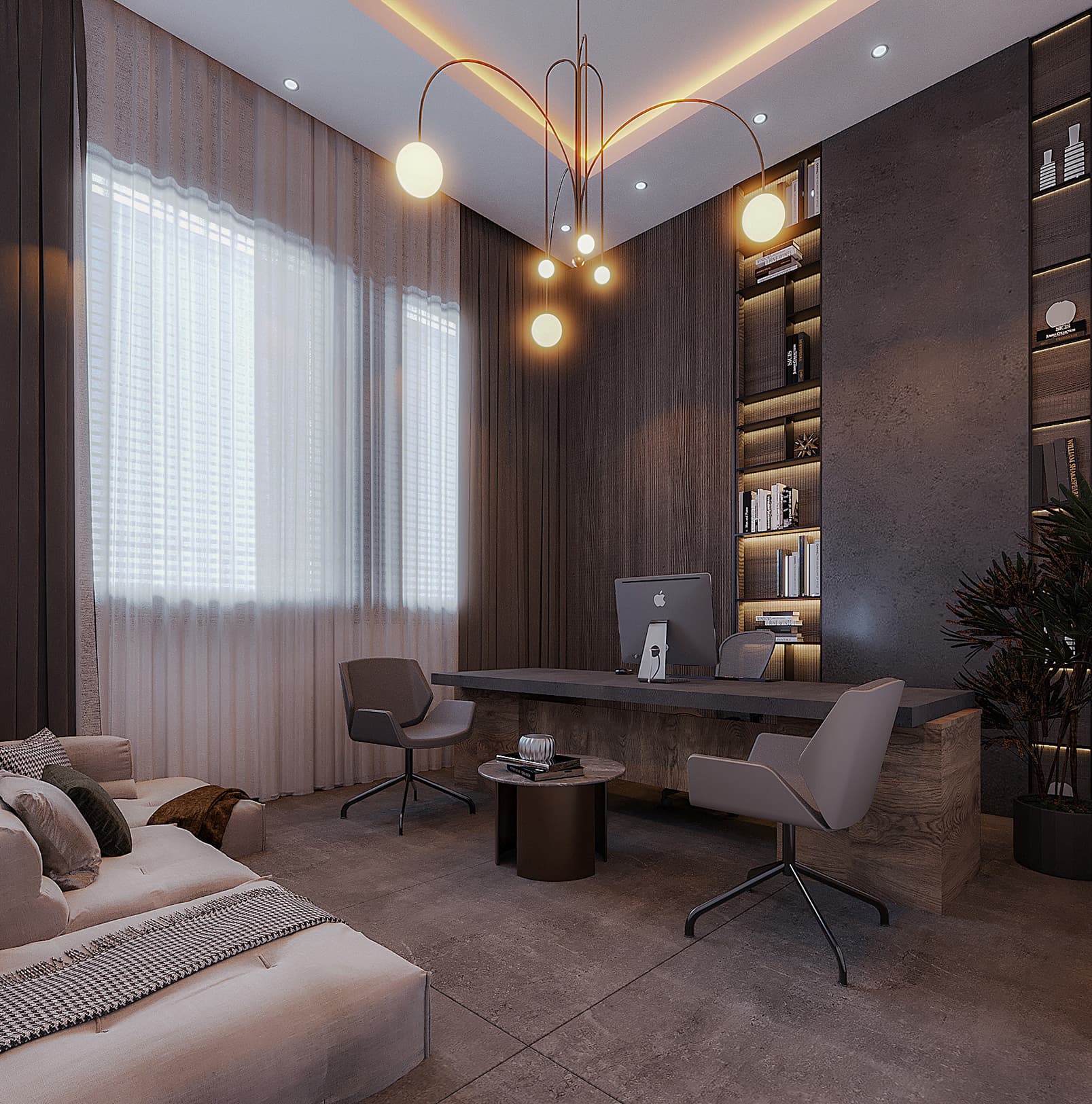 From this angle, the workspace feels more private and inward-looking. The lighting composition becomes more noticeable, guiding attention toward the desk and shelving. Textures do most of the talking here, creating contrast without relying on color or ornament.