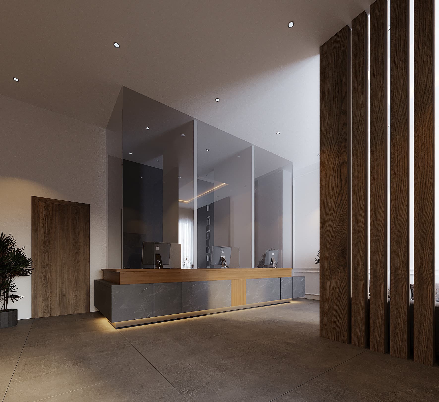 Arrival and reception are handled with clarity and restraint. The desk reads as solid and reliable, while glass partitions maintain openness without sacrificing separation. Vertical wood elements add warmth and subtly direct movement through the space.