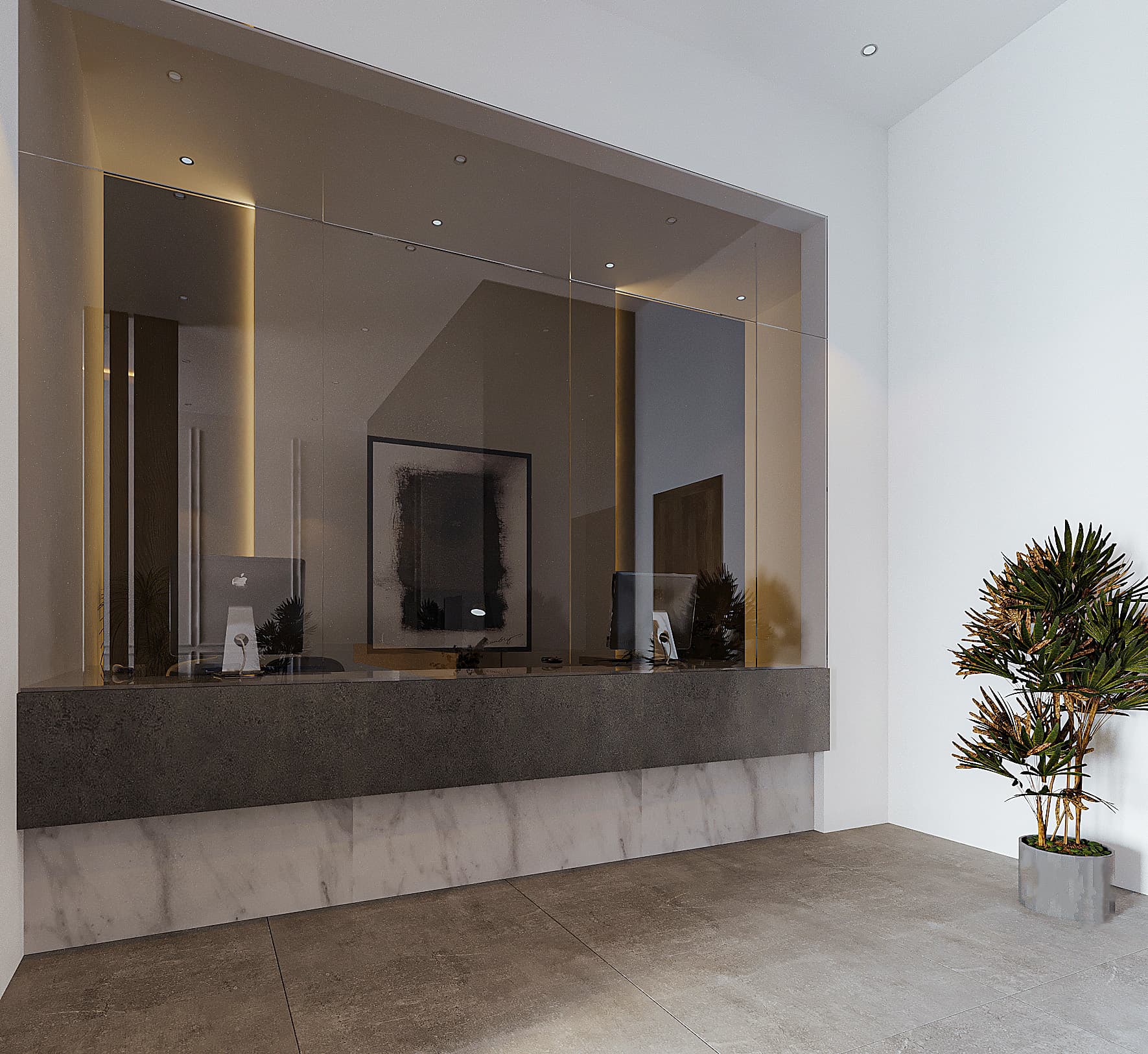 A more enclosed service point is shown here, designed to feel secure but not isolated. Reflections and layered materials soften the boundary between staff and visitors. The lighting remains consistent with the rest of the project, reinforcing continuity rather than treating this area as an afterthought.