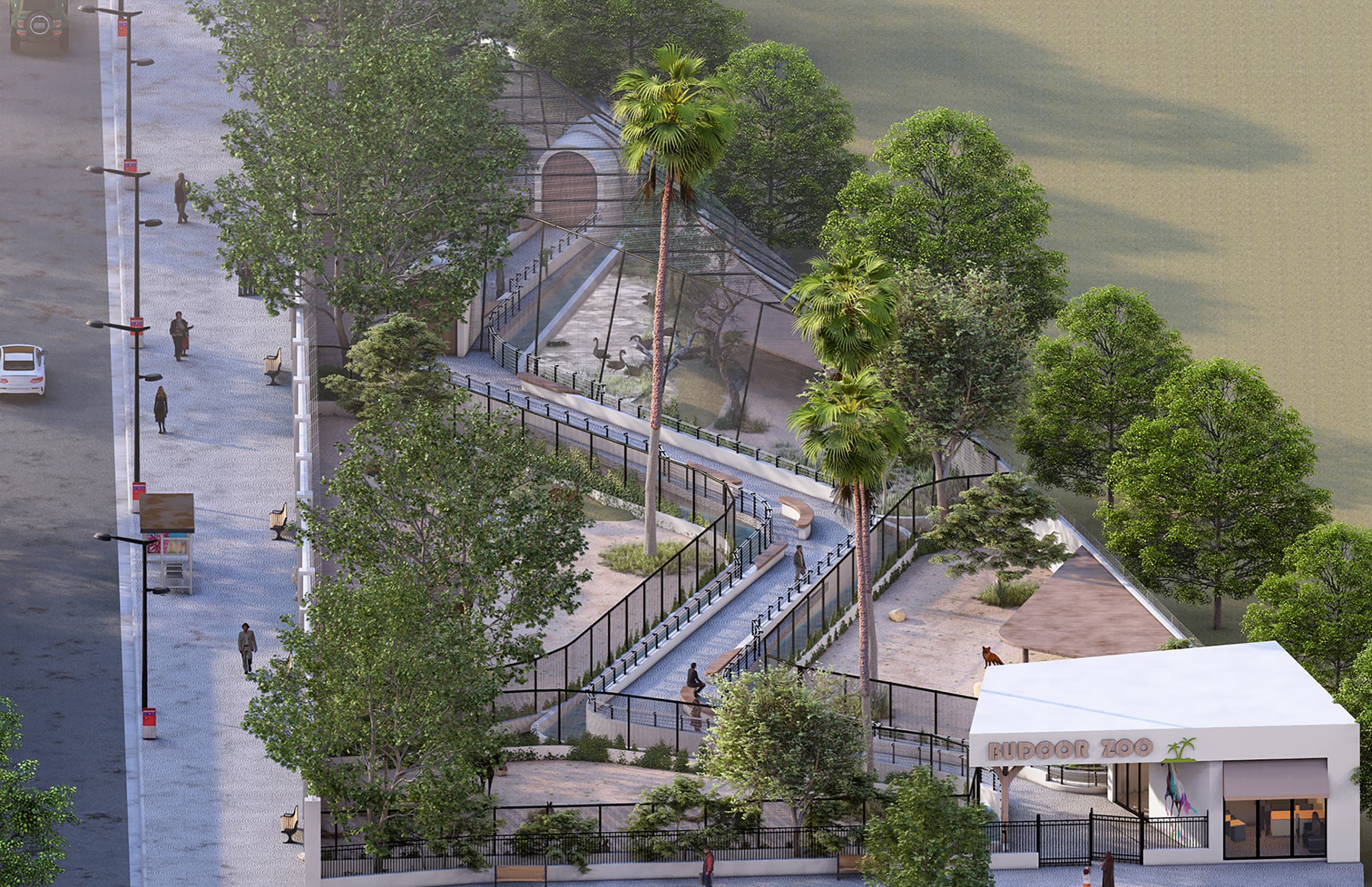 At path level, the cobblestone promenade curves beside transparent mesh, offering close yet protected encounters. Frequent benches, handrails, and planting pockets pace the walk and create pause points for interpretation.