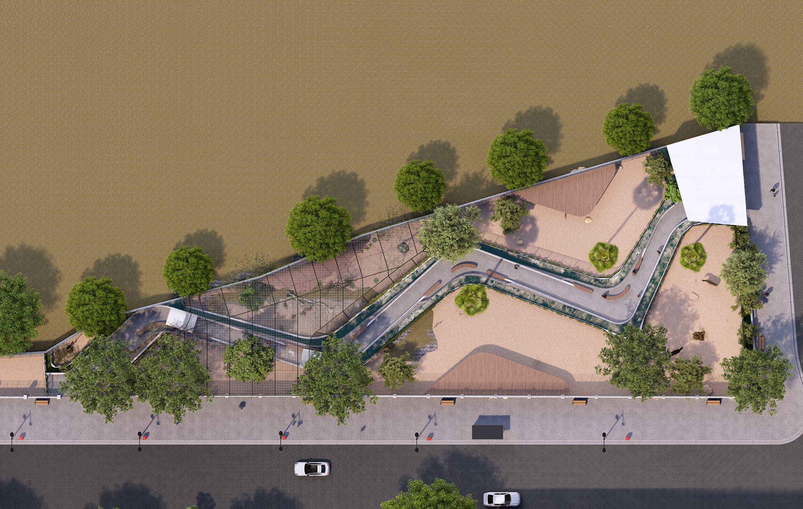 Returning to the gate, the entrance court gathers ticketing and orientation under the canopy. The first aviary is visible beyond, inviting visitors immediately into the experience without visual barriers.