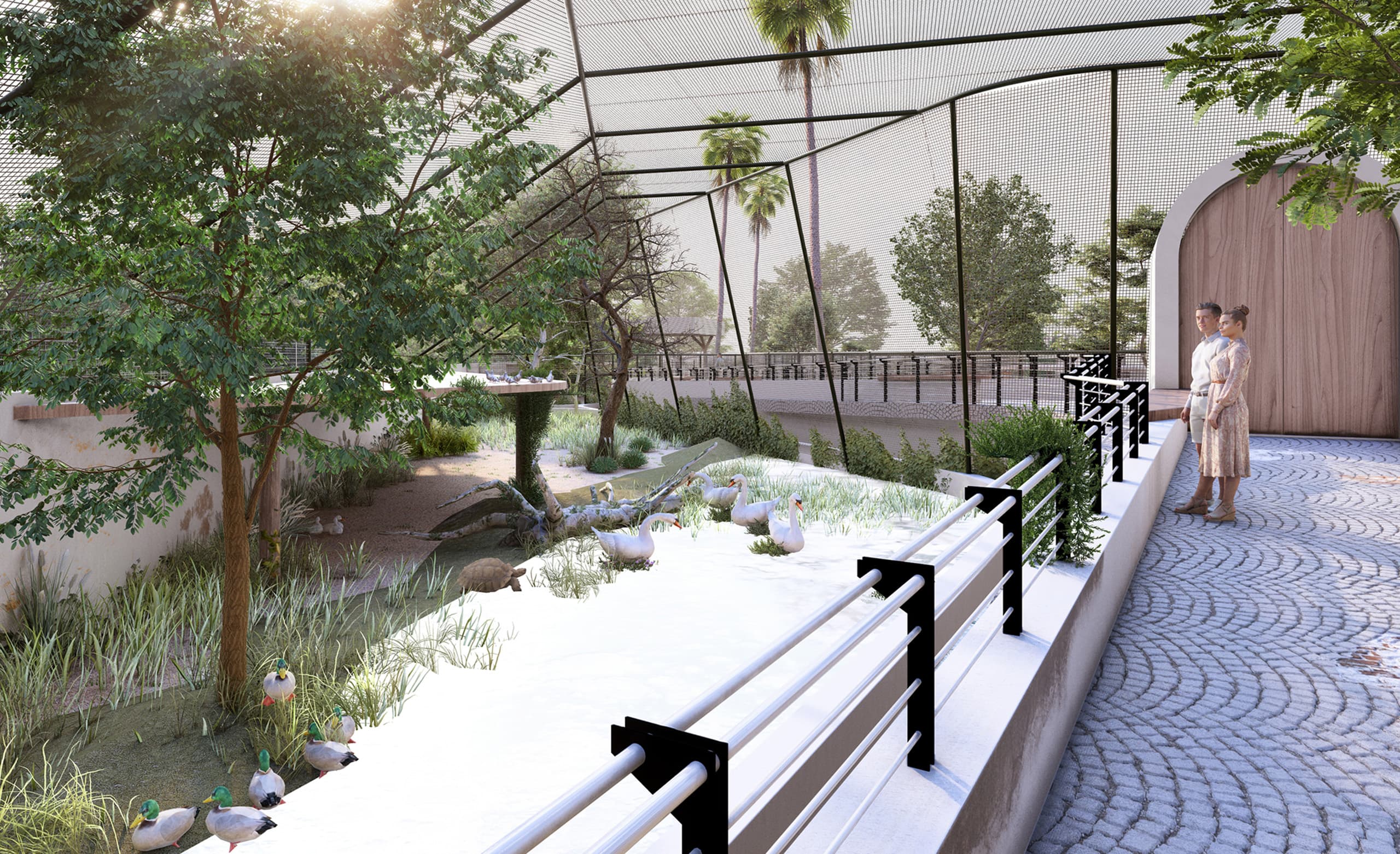 The promenade culminates at an elevated walkway—wide, gently sloped, and lined with benches—offering sweeping vantage points back across the habitats. A service door and screened back‑of‑house access are integrated neatly to keep operations unobtrusive.