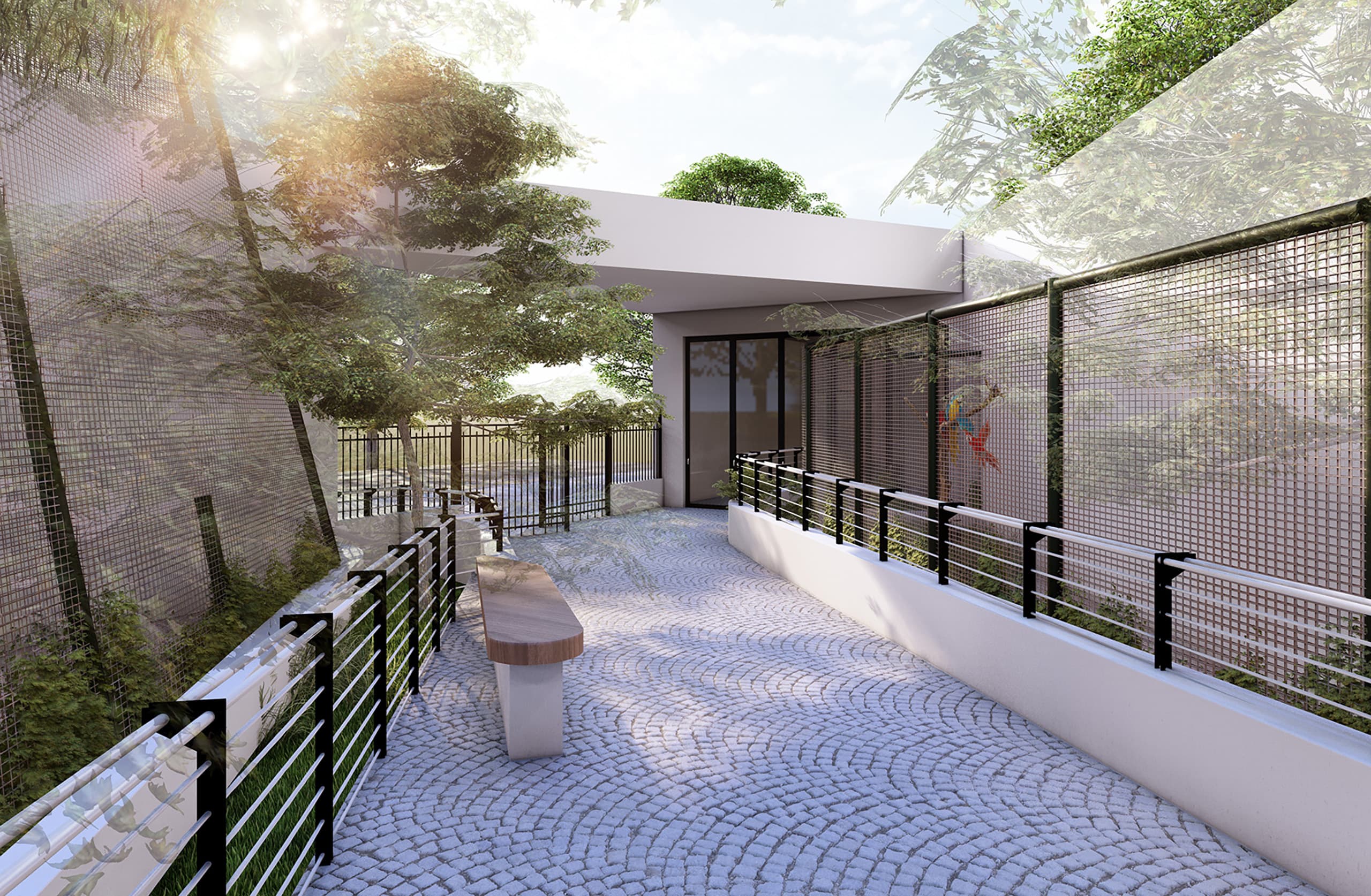 Finally, the path loops toward the exit under a minimalist canopy, filtering sunlight through foliage. The design completes the journey with calm — encouraging reflection and repeat visits while maintaining a strong connection to the surrounding neighborhood.