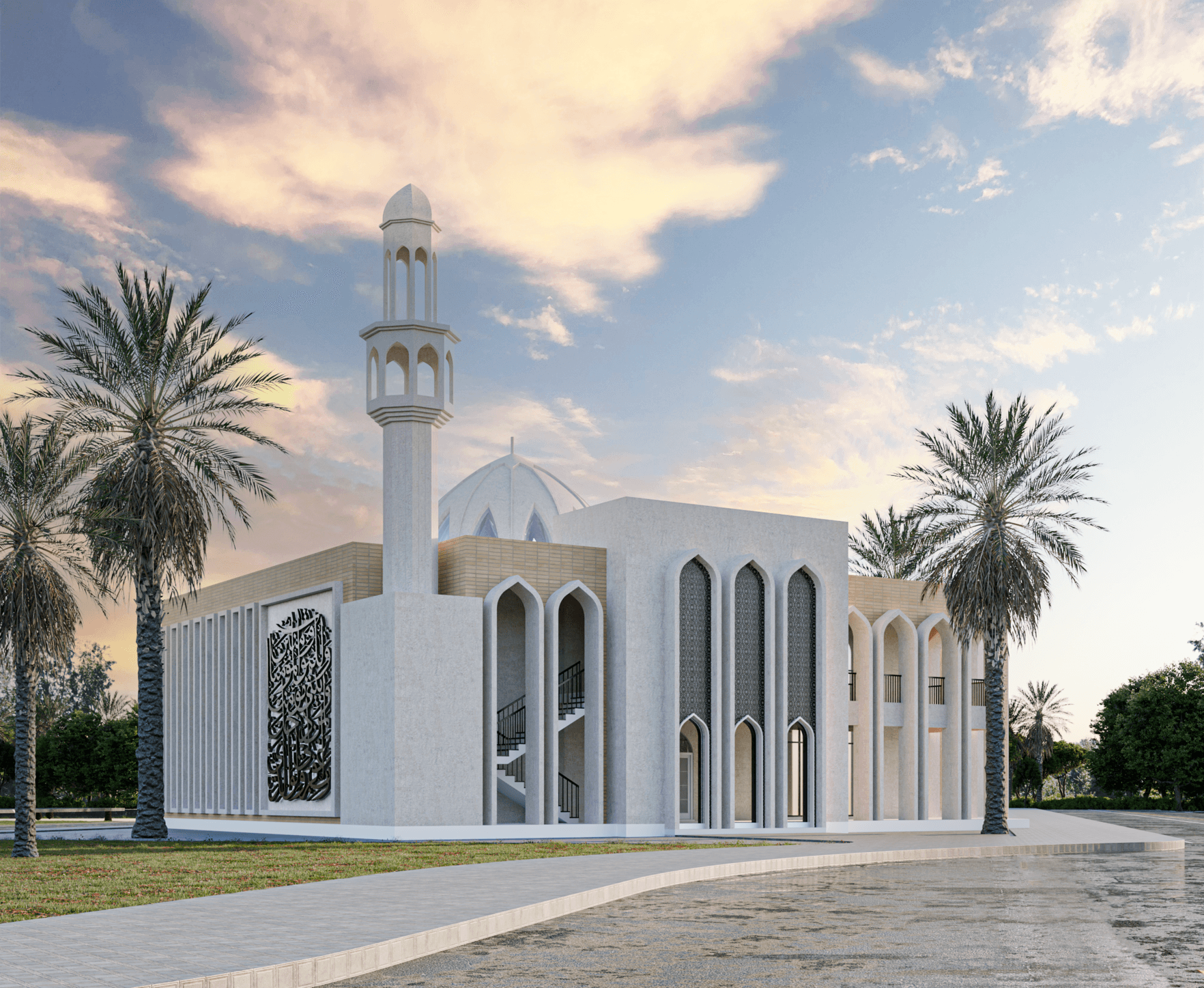 Here, the minaret becomes the main feature, giving the mosque a clear identity from a distance. You can also see the layers in the façade more clearly, with arches, recessed areas, and patterned panels that add depth and shadow. The calligraphy panel on the side adds a strong cultural touch without making the building feel heavy. Even the visible stairs behind the arches make the project feel real and functional, not just a sculptural shape. Overall, it’s a balanced mix of tradition and simplicity.