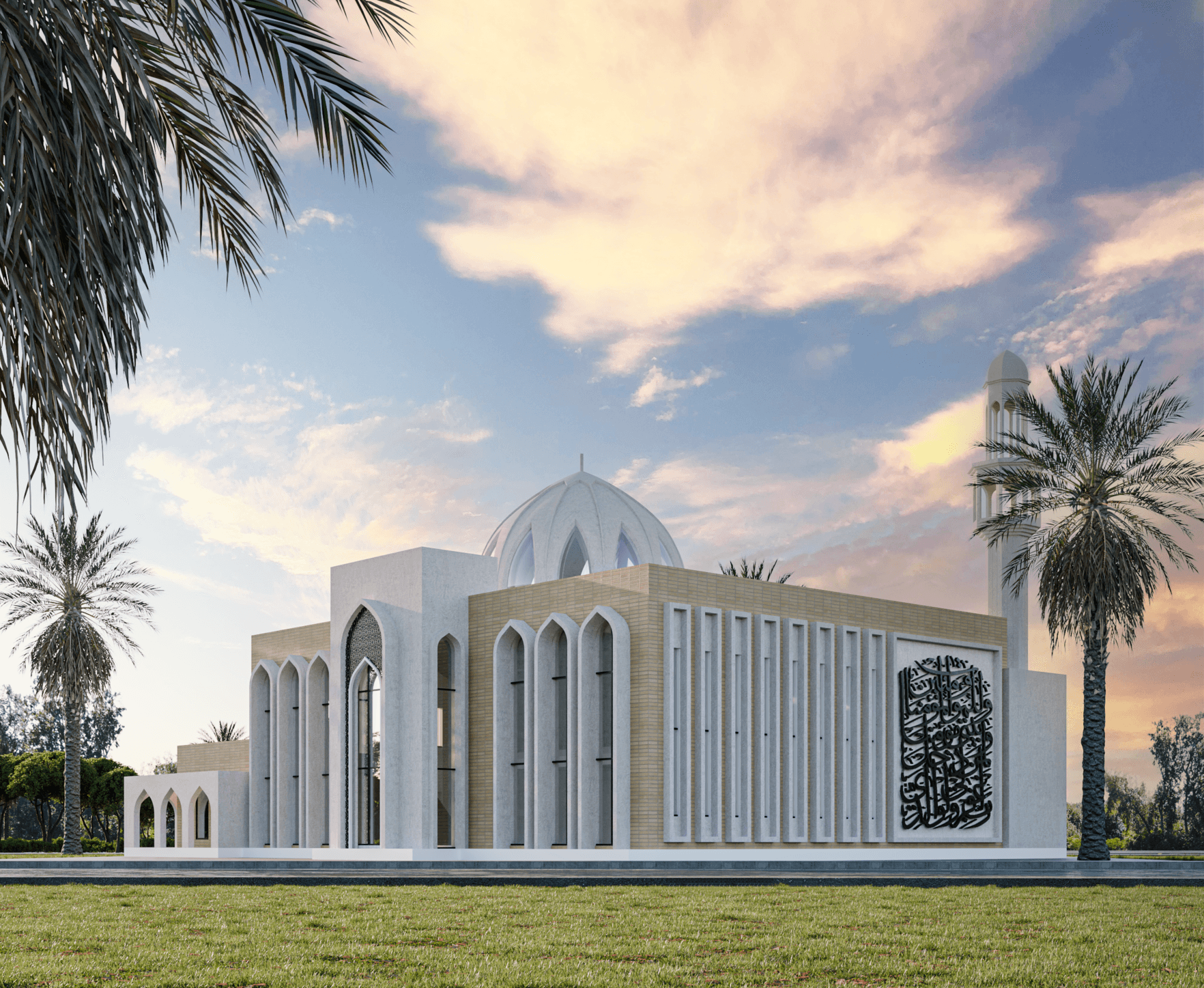 This angle focuses on the long side of the mosque, where the repeated vertical openings create a clean, steady rhythm. The dome sits right in the center, and you still catch the minaret in the background, which helps the building feel oriented and complete. The calligraphy panel breaks the length of the façade in a nice way and gives the elevation a moment of detail and meaning. With the building sitting on a simple base and surrounded by open green space, it comes across as solid, respectful, and quietly monumental.