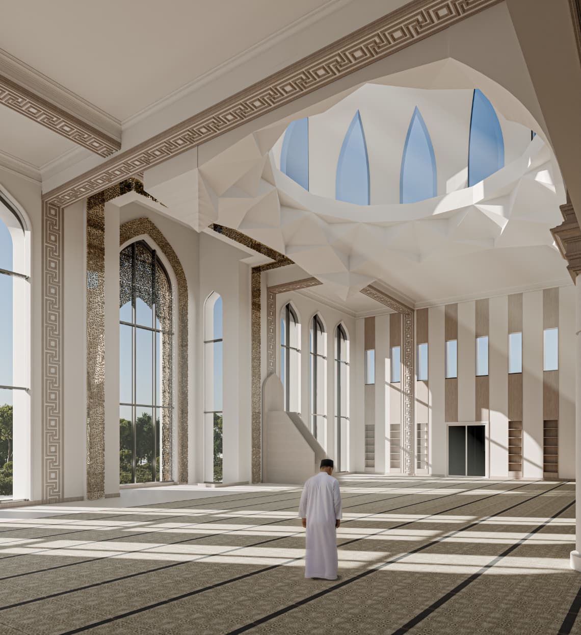 Inside, the prayer hall feels open and calm, mostly because of the height and the amount of natural light. The tall windows bring daylight deep into the space, and the shadows they create across the carpet lines make the room feel ordered and peaceful. The ceiling detail leads your eyes toward the central skylight opening, which becomes the heart of the interior experience. The borders and patterns add richness, but the overall feeling stays light and clean, which suits a space meant for focus and worship.
