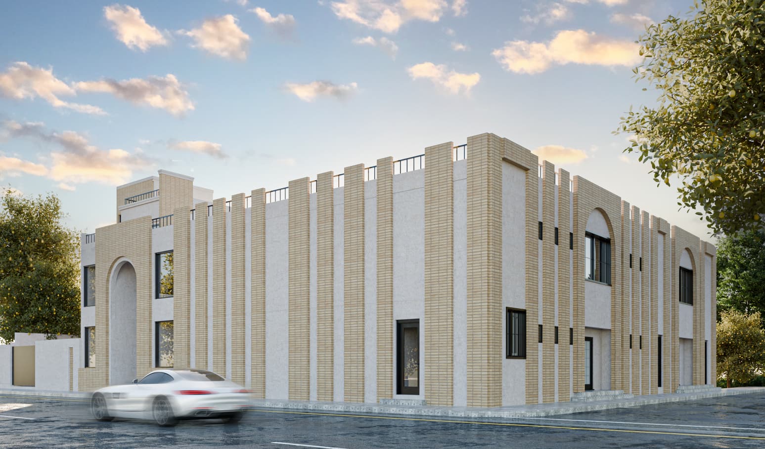The frontal elevation presents a clear and symmetrical organization, reinforcing the mosque’s formal and institutional character. The vertical façade elements guide the eye horizontally along the building while maintaining a strong sense of order. The entrance arch acts as a focal point without excessive ornamentation. This elevation is calm and balanced, but it deliberately avoids expressive variation, placing responsibility on detailing to prevent visual monotony.