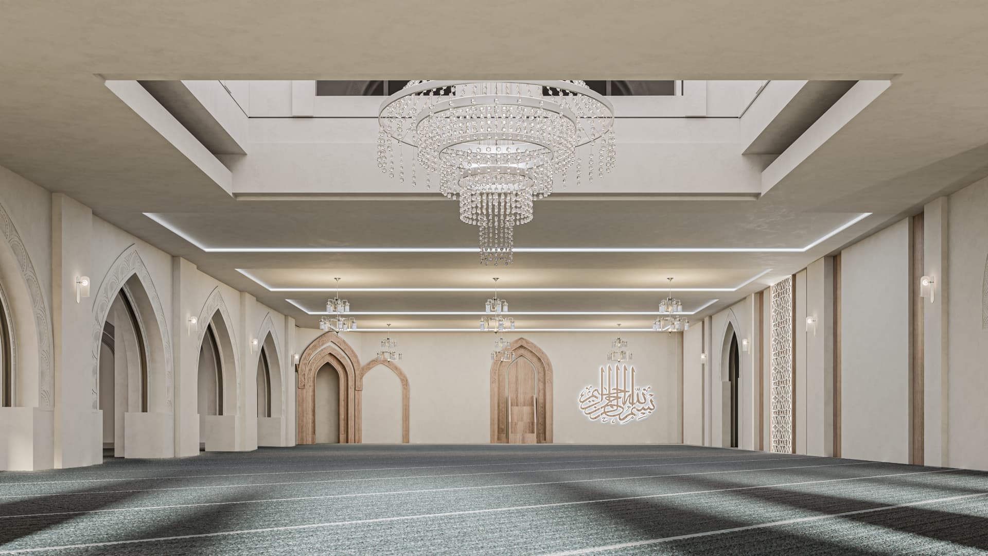 This interior view showcases a controlled and minimal prayer space defined by geometric ceiling patterns and recessed lighting. The ceiling design introduces visual interest while maintaining a sense of calm and order appropriate for worship. The use of symmetry and repetition reinforces spatial clarity. However, the space depends strongly on lighting quality—poor lighting execution would immediately flatten the design.