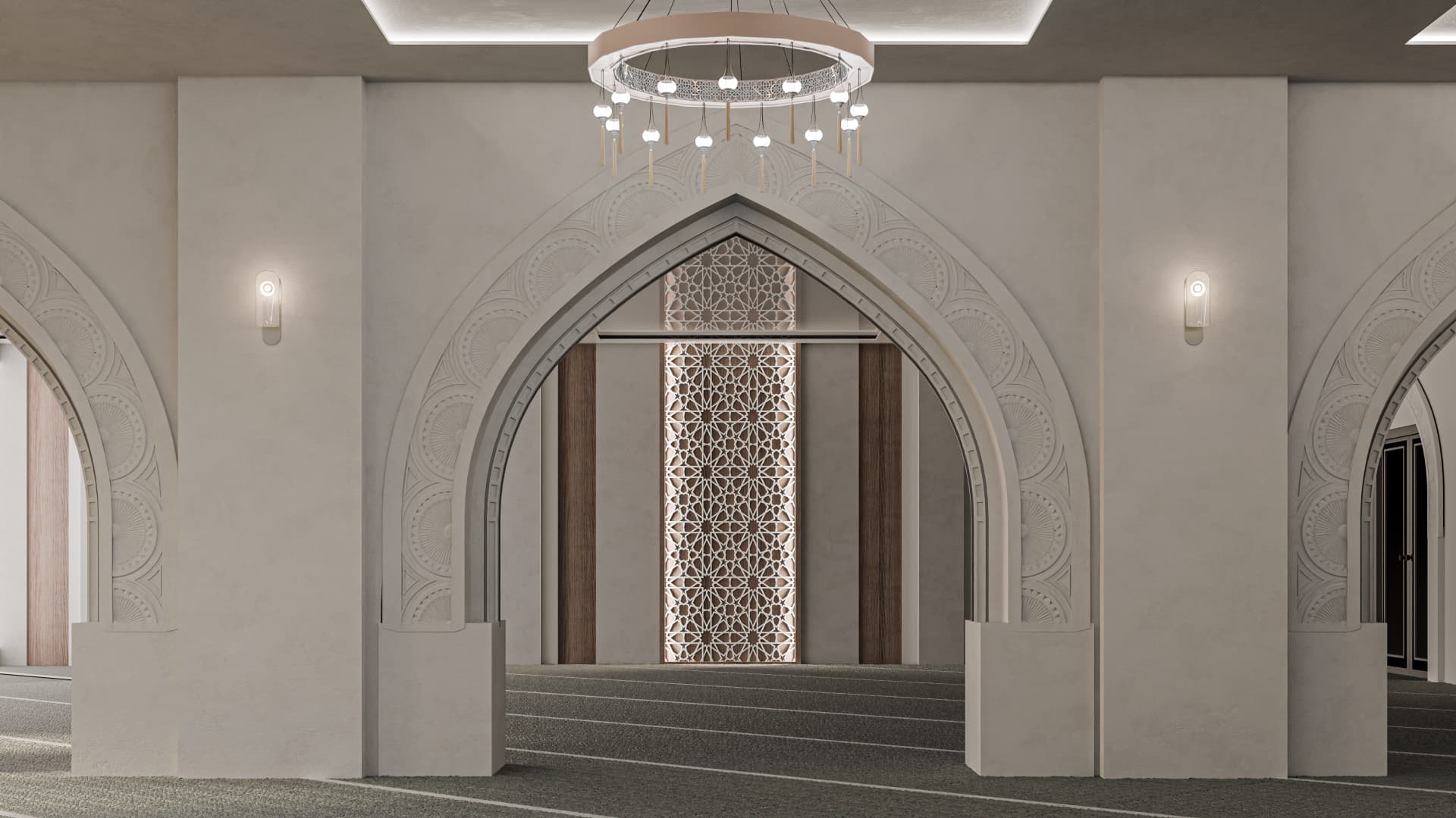 The main prayer hall is presented as a large, uninterrupted space that prioritizes openness and alignment. The arches and wall articulations reference traditional forms but are simplified to avoid visual overload. The chandelier acts as a central element, anchoring the space vertically. While elegant, the design is intentionally conservative; its impact relies more on scale and atmosphere than architectural boldness.