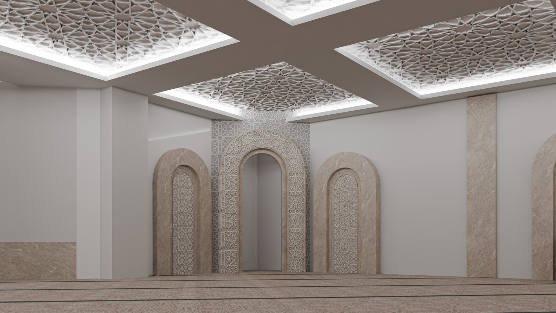 This close interior view highlights the detailing of arches, wall patterns, and material transitions. The layered arch geometry and subtle ornamentation provide depth without becoming decorative excess. The balance between smooth surfaces and patterned panels is well judged. This space demonstrates where the project is strongest: controlled detail and proportion. Any inconsistency in craftsmanship here would be immediately noticeable.