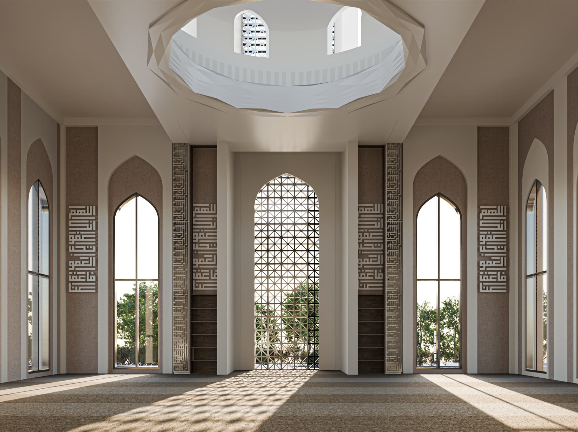 This interior view emphasizes vertical space and controlled daylight as primary design tools. The central oculus and upper openings introduce natural light that animates the prayer hall without distraction. Decorative wall panels and geometric screens are used selectively, framing the space rather than overwhelming it. The interior is calm but not minimal; it relies on symmetry and light balance. Any inconsistency in material finish or lighting calibration would immediately weaken the spatial impact.