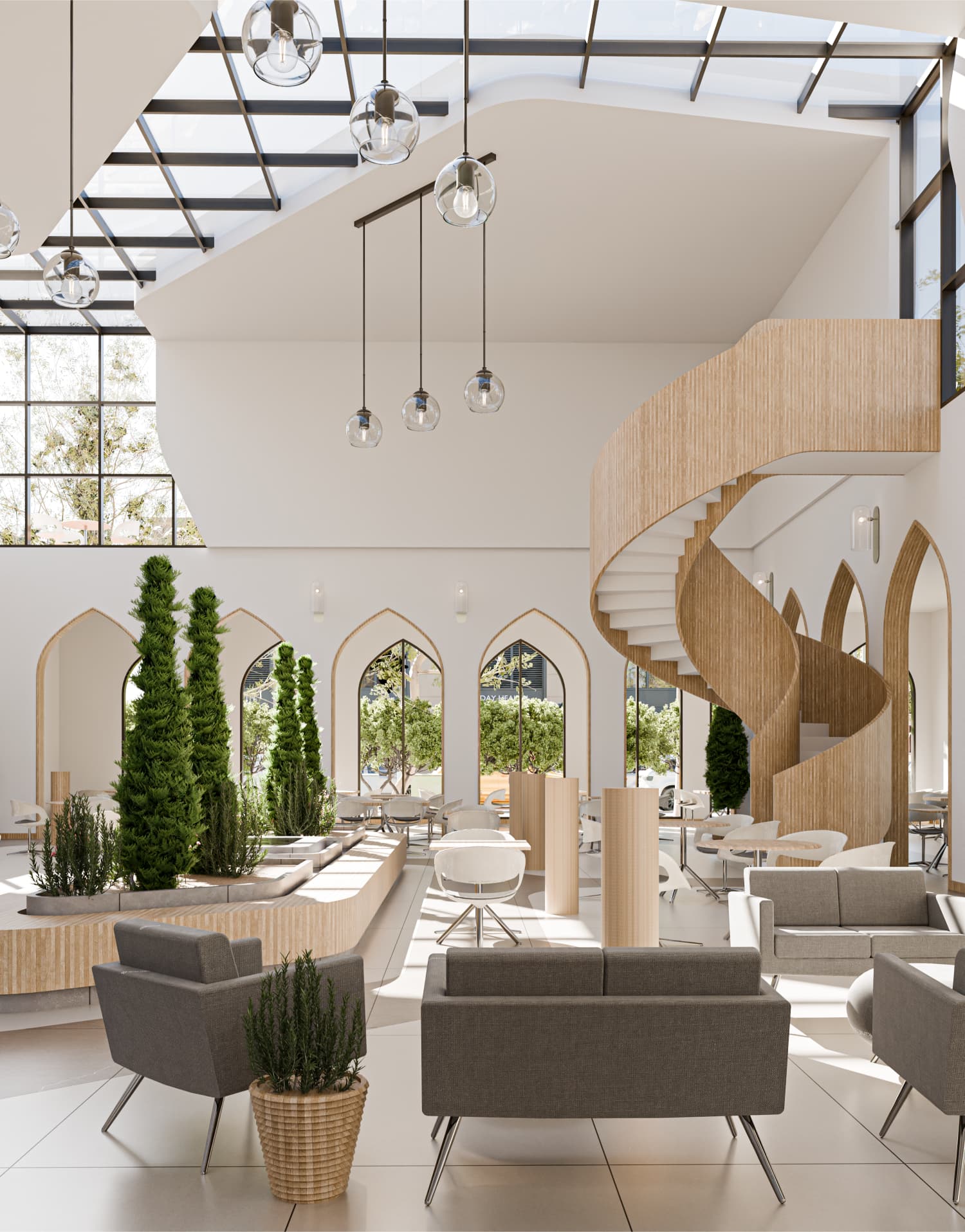 This interior view highlights the primary dining space organized around integrated green planters that act as soft spatial dividers. The double-height volume and glazed roof allow daylight to penetrate deep into the space, reducing visual heaviness and enhancing the natural material palette. Curved architectural elements and suspended lighting fixtures guide the eye upward, emphasizing verticality and openness while maintaining a relaxed seating arrangement at ground level.