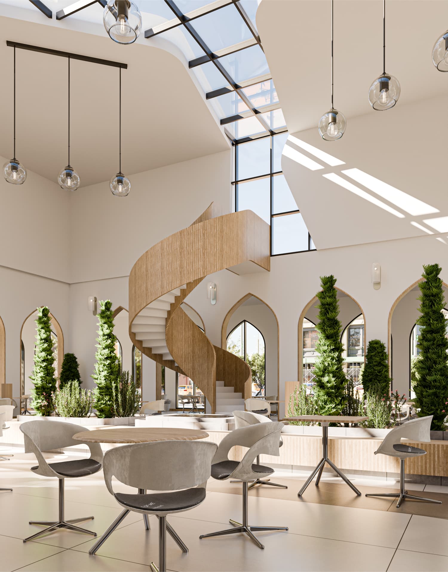 This render focuses on the relationship between the central staircase and the dining area. The sculptural stair functions as both circulation and a visual anchor, wrapped in warm wood finishes that contrast with the light-toned interior surfaces. The surrounding seating layout maintains clear circulation paths while preserving visual openness, reinforcing the staircase as a focal architectural feature rather than a purely functional element.