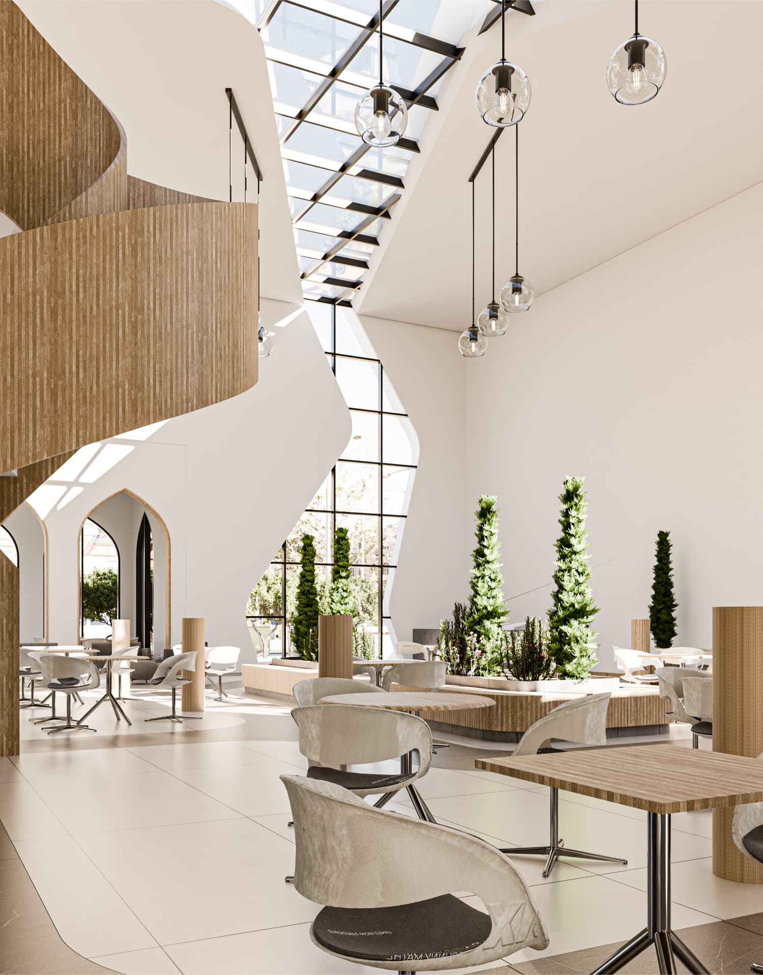 This perspective emphasizes spatial flow and depth within the interior. The curved walls and ceiling geometry soften transitions between zones and eliminate rigid boundaries. Natural light from the overhead glazing creates subtle shadow movement across surfaces, enhancing material textures without overwhelming the space. The furniture layout supports flexible dining configurations while maintaining a coherent visual rhythm.