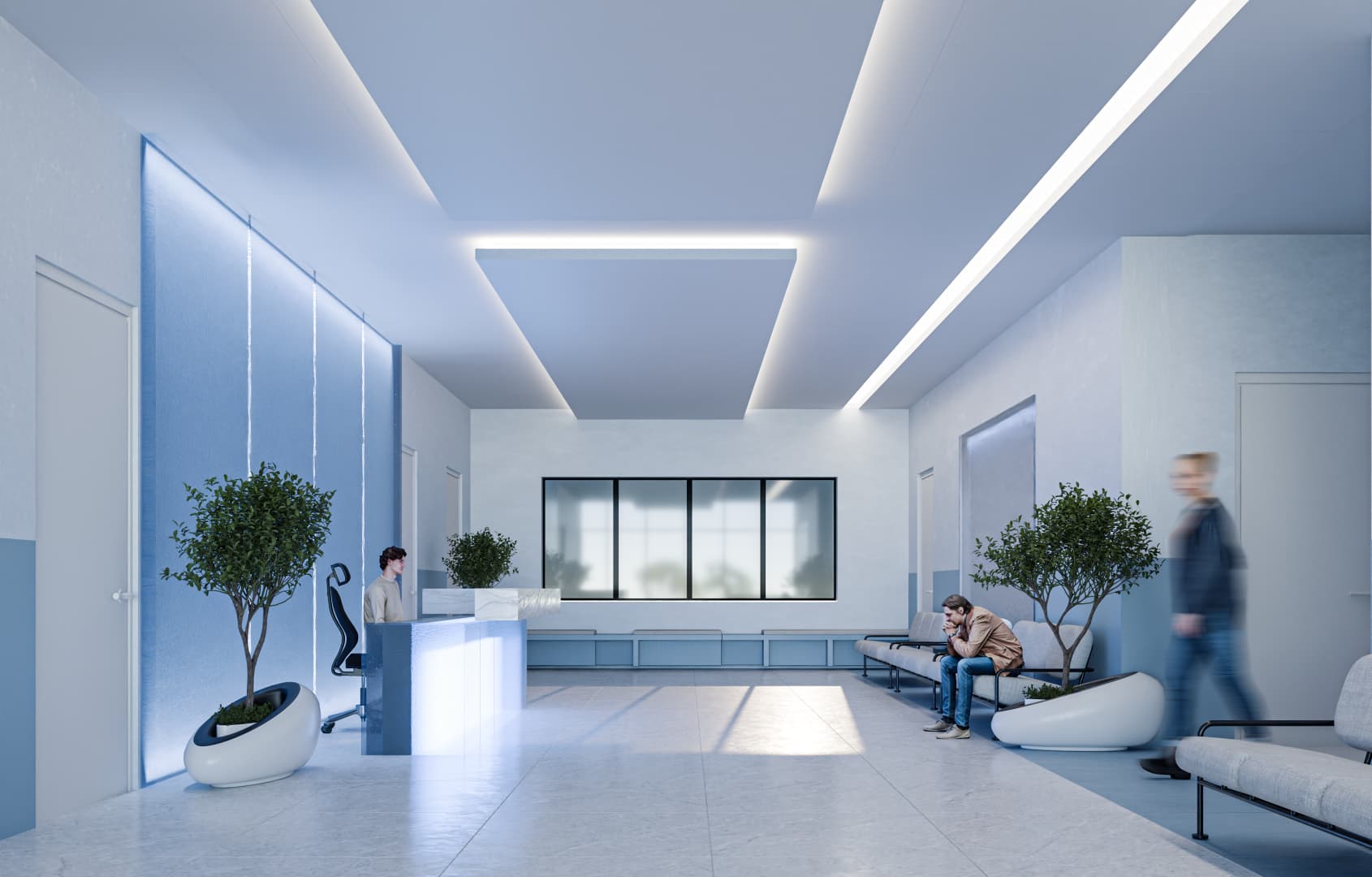 This view highlights the waiting area and secondary reception angle, emphasizing linear lighting and ceiling geometry to guide movement through the space. The circulation is clear and logical, which is a strong point for a healthcare facility. However, the seating arrangement feels somewhat rigid and repetitive, lacking variation that could improve patient comfort during longer waiting times. The space is efficient, but emotionally neutral—functional rather than comforting.