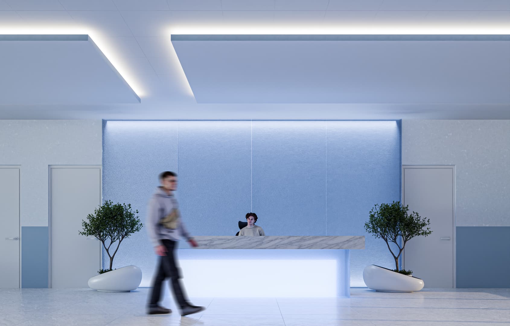 This render focuses on the reception wall and desk composition, showcasing symmetry and lighting integration. The backlit wall panel successfully reinforces branding and spatial hierarchy. That said, the heavy reliance on blue tones, while clean, risks creating a cold atmosphere if not balanced carefully in reality. A slight adjustment in lighting temperature or material contrast would prevent the space from feeling overly sterile.