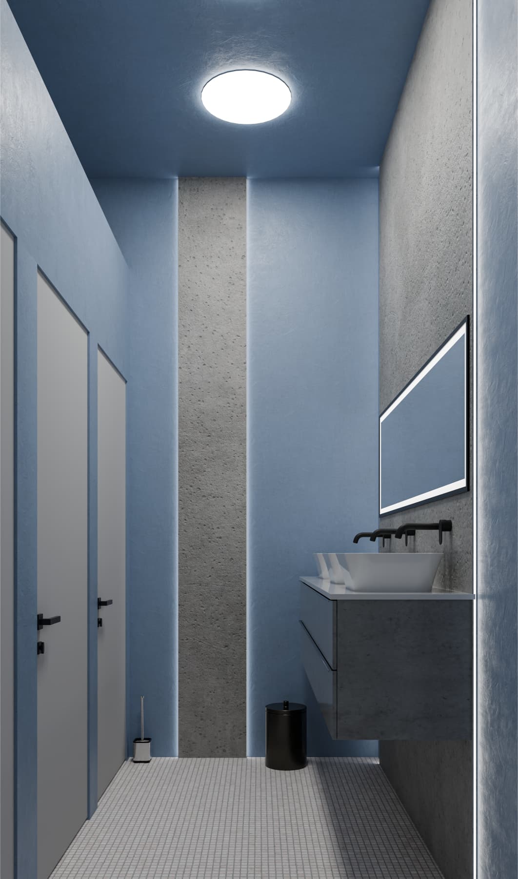 The restroom design is minimal and disciplined, aligning well with the overall clinic language. Vertical light strips effectively emphasize height and cleanliness, while the compact layout is practical. However, the space feels visually narrow and could benefit from better proportion control or reflective surfaces to enhance perceived width. Functionally sound, but spatially tight.