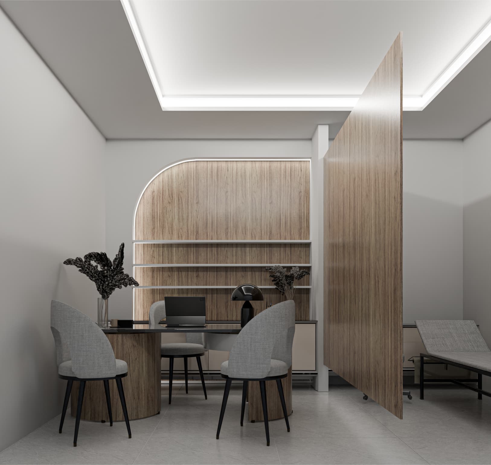 This consultation or administrative room introduces warmer materials, which is a smart and necessary contrast to the clinic’s cooler public areas. The wood finishes soften the space and make it more suitable for private discussions. The design is calm and controlled, though slightly conservative. Pushing the material contrast or furniture detailing further would give the room a stronger identity without sacrificing professionalism.