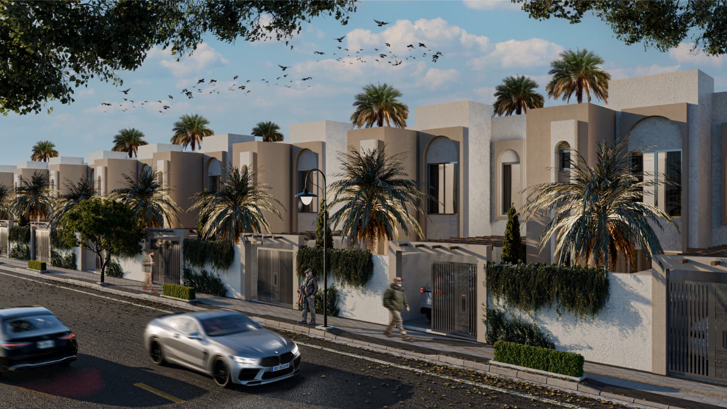 This view emphasizes the controlled and repetitive street façade of the 160 m² housing type, where uniform massing and limited material variation create a calm and orderly residential streetscape. The solid boundary walls and recessed entrances reinforce privacy, while vertical window proportions and arched openings soften the façade and reference local architectural language. The setback pergola and landscaped frontage act as a buffer between public street activity and private interior life, clearly expressing the separation strategy of the housing unit.