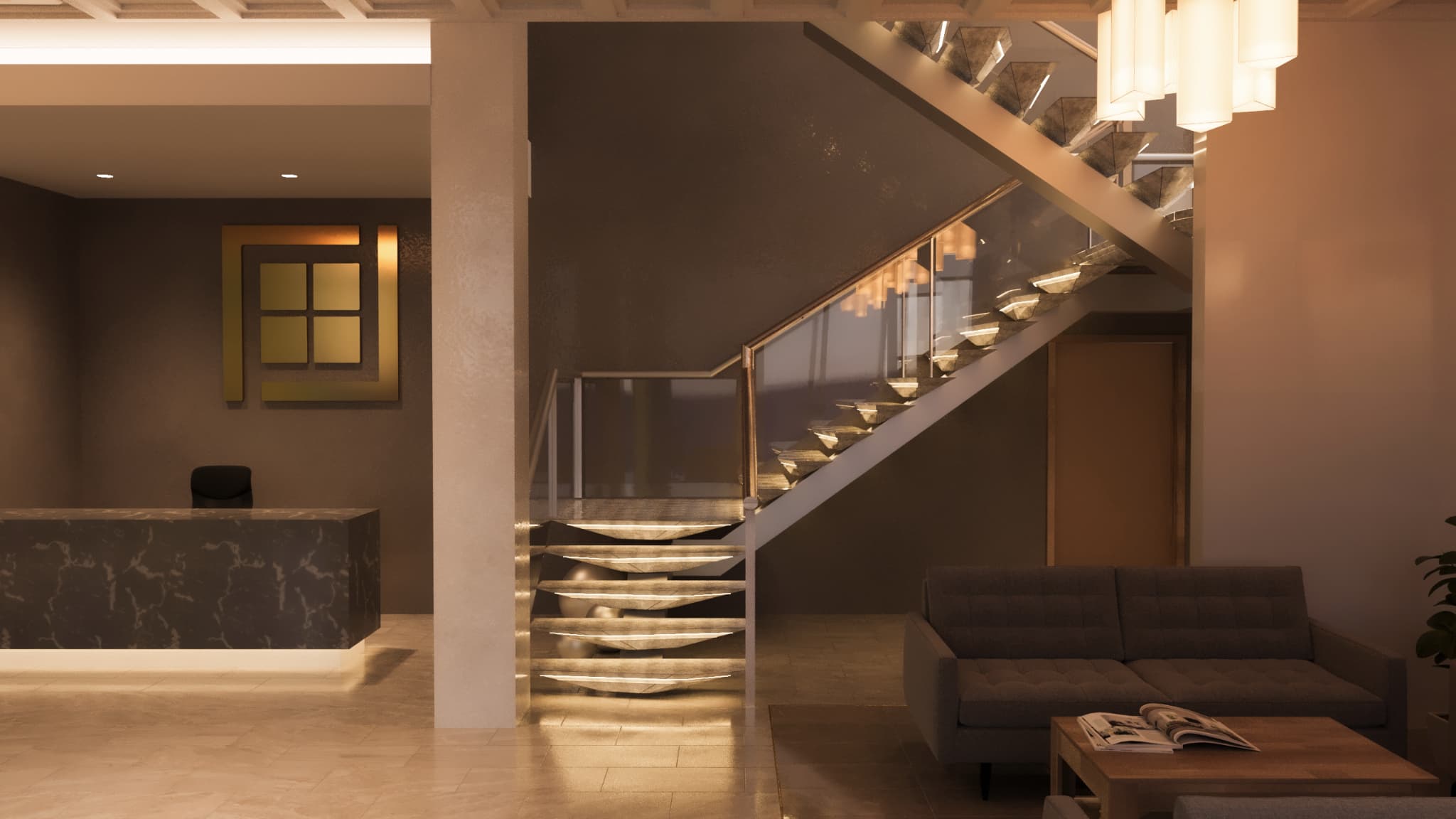 This space turns a purely functional element into a quiet architectural feature. The staircase is visually light, with integrated lighting that guides movement without becoming a focal spectacle. It connects floors clearly and intuitively, reinforcing the idea that the building prioritizes clarity and ease of use over dramatic gestures.