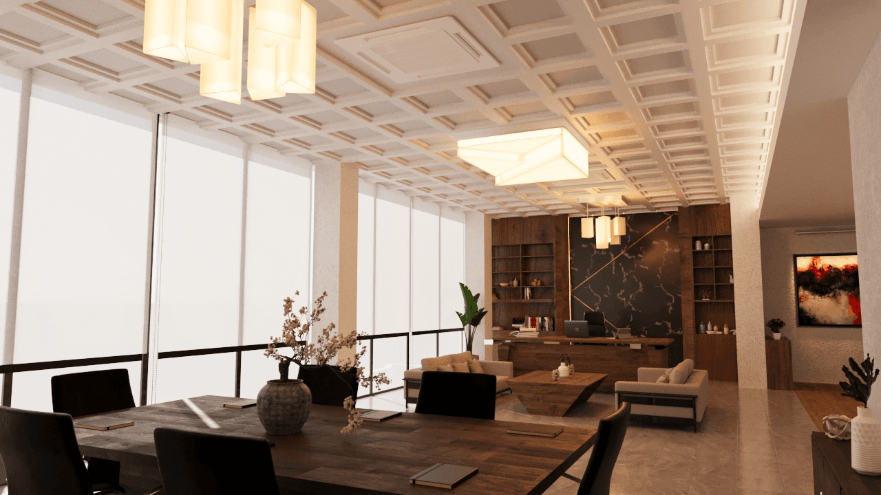 The main office area is open but not exposed. Furniture layout, ceiling rhythm, and lighting work together to define zones without relying on walls. The space feels professional and focused, with warmth coming from materials and light rather than color or decoration, making it suitable for long working hours without feeling heavy.