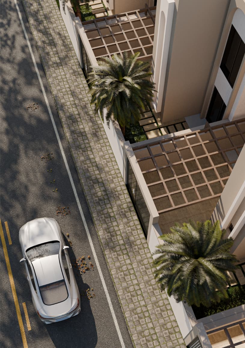 This render focuses on the semi-private front yard as a transitional space between street and house. The pergola structure provides shading and visual screening while allowing airflow, which is appropriate for local climatic conditions. The use of soft landscaping, paving rhythm, and controlled openings strengthens the sense of enclosure without fully disconnecting the house from its surroundings. Functionally, this space supports everyday domestic activities rather than acting as decorative frontage only.