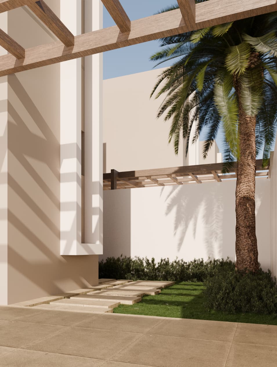 From above, the image clarifies the relationship between the built mass, boundary walls, and outdoor shaded areas. The pergola system is shown as an integral architectural element rather than an added feature, reinforcing environmental control and privacy. This view also reveals the compact footprint and efficient land use of the 160 m² type, where open spaces are intentionally limited but clearly defined.