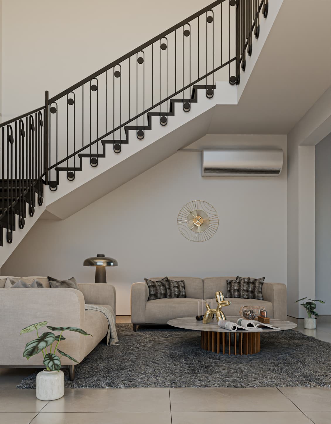 From a secondary angle, the living space reads as calm and controlled, with furniture arrangement reinforcing circulation clarity and functional zoning. The stair railing design is minimal and consistent with the overall interior language, avoiding visual clutter. While the space is not experimental, it is efficient and adaptable, suitable for a wide range of residents without forcing a specific lifestyle.