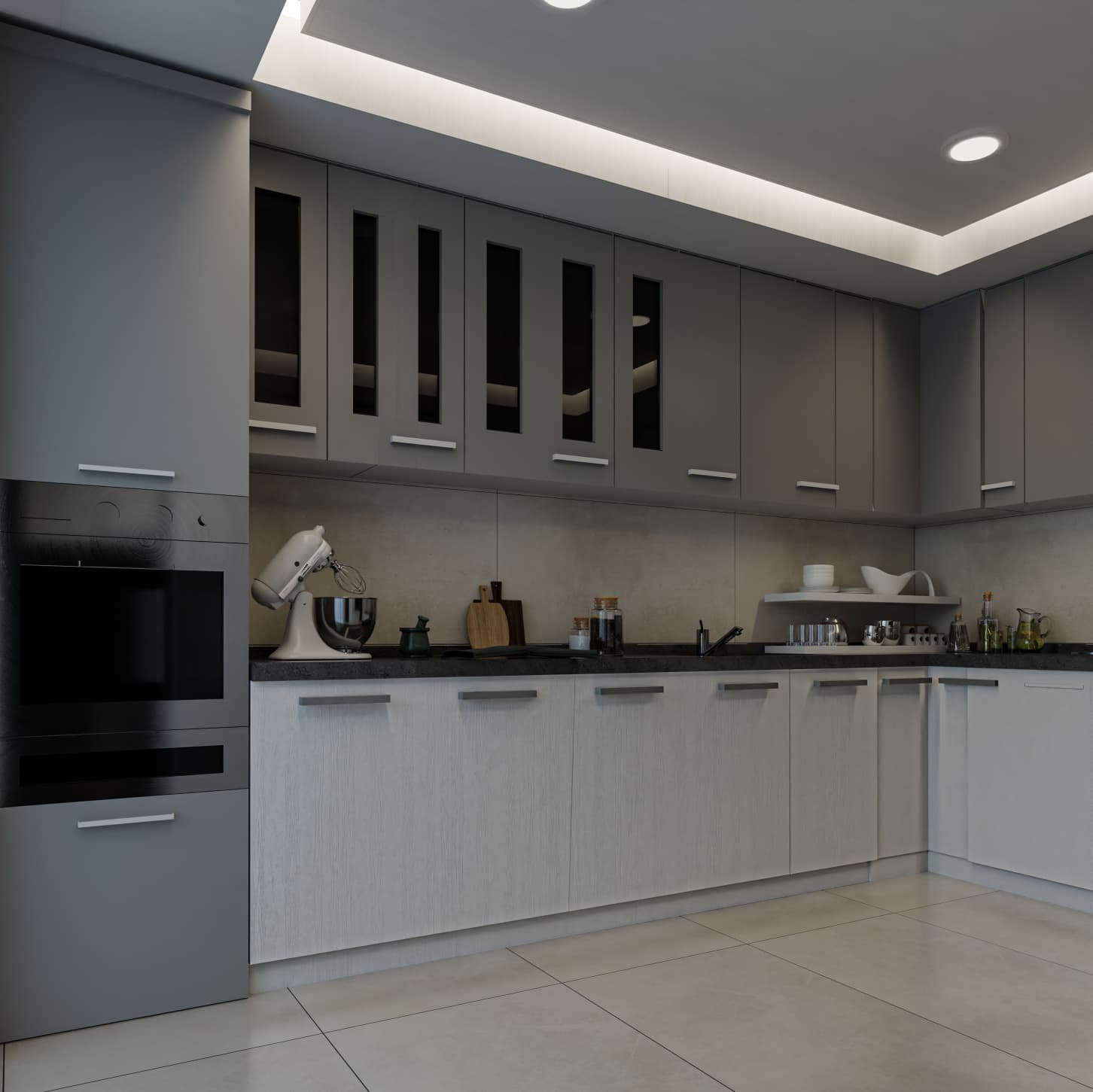 This render shows a compact yet functional kitchen layout designed for efficiency rather than display. Cabinetry is kept simple, with clean lines and neutral finishes that reduce visual noise and improve long-term usability. Integrated lighting and continuous work surfaces support daily use, while the layout prioritizes storage and workflow over excessive openness.