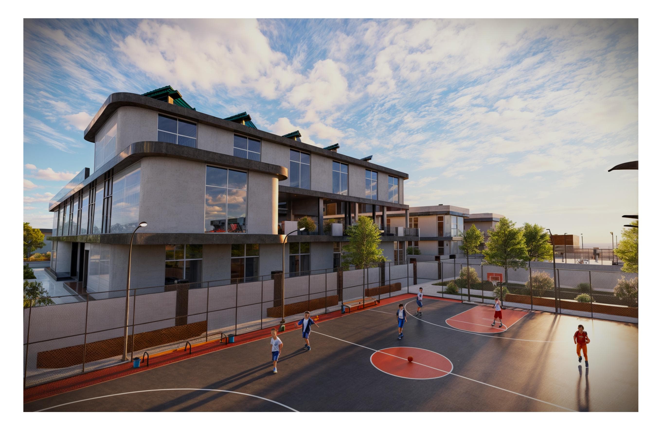 At ground level, learning meets play: the academic block opens toward the basketball court with transparent façades and terraces. Fencing, lighting, and planting define a safe, active edge where students gather before and after games.