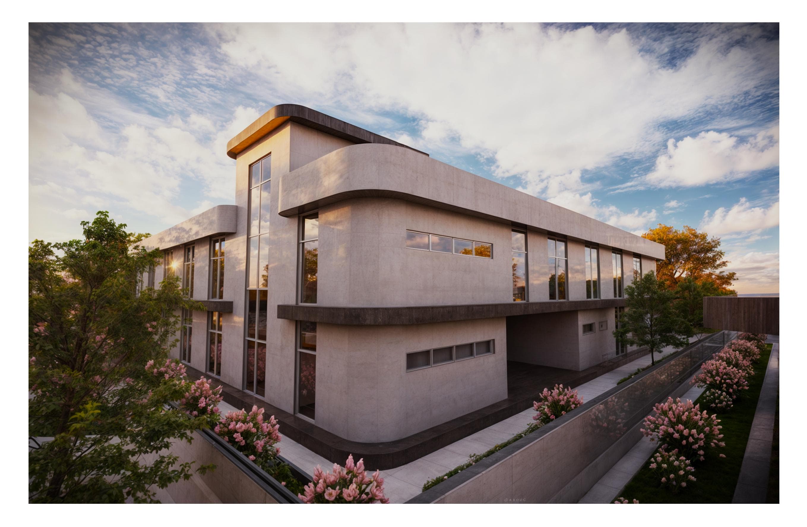 Closer in, the architecture shows its discipline—continuous horizontal bands, tall vertical glazing, and curved edges soften the massing. A covered passage and planted edges create shade and comfort along the primary circulation spine.