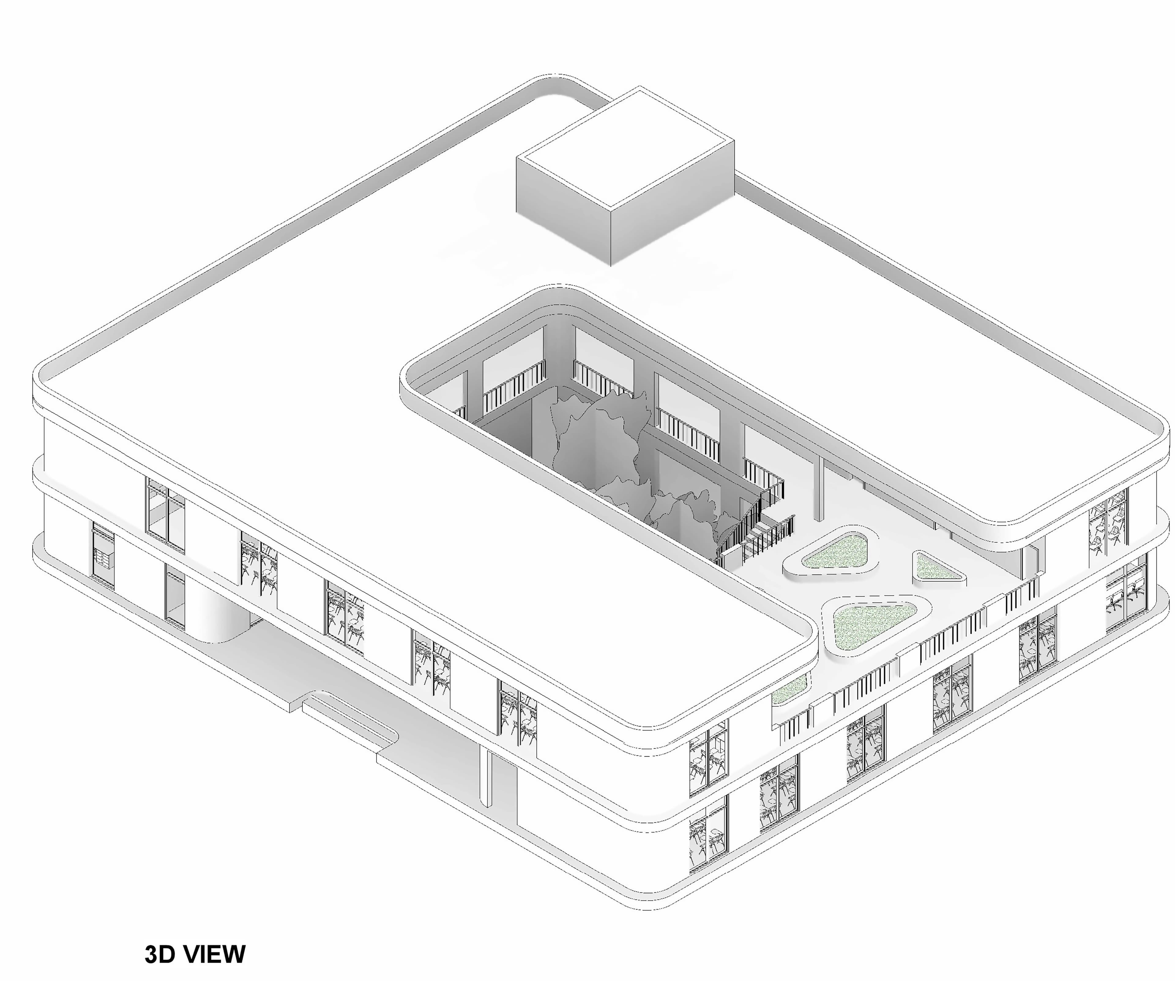 The school complex is organized as a compact perimeter volume with rounded corners, enclosing a central open courtyard that functions as the project’s spatial and environmental core. This inward-focused layout is a smart move for a school: it improves supervision, reduces external noise, and creates a controlled outdoor space for students. However, the mass reads very heavy and monolithic from above—almost too closed—so the success of the design depends entirely on how well light, shading, and transparency are handled at the inner façade. Without strong façade articulation or variation in height and material, the building risks feeling institutional rather than educational.