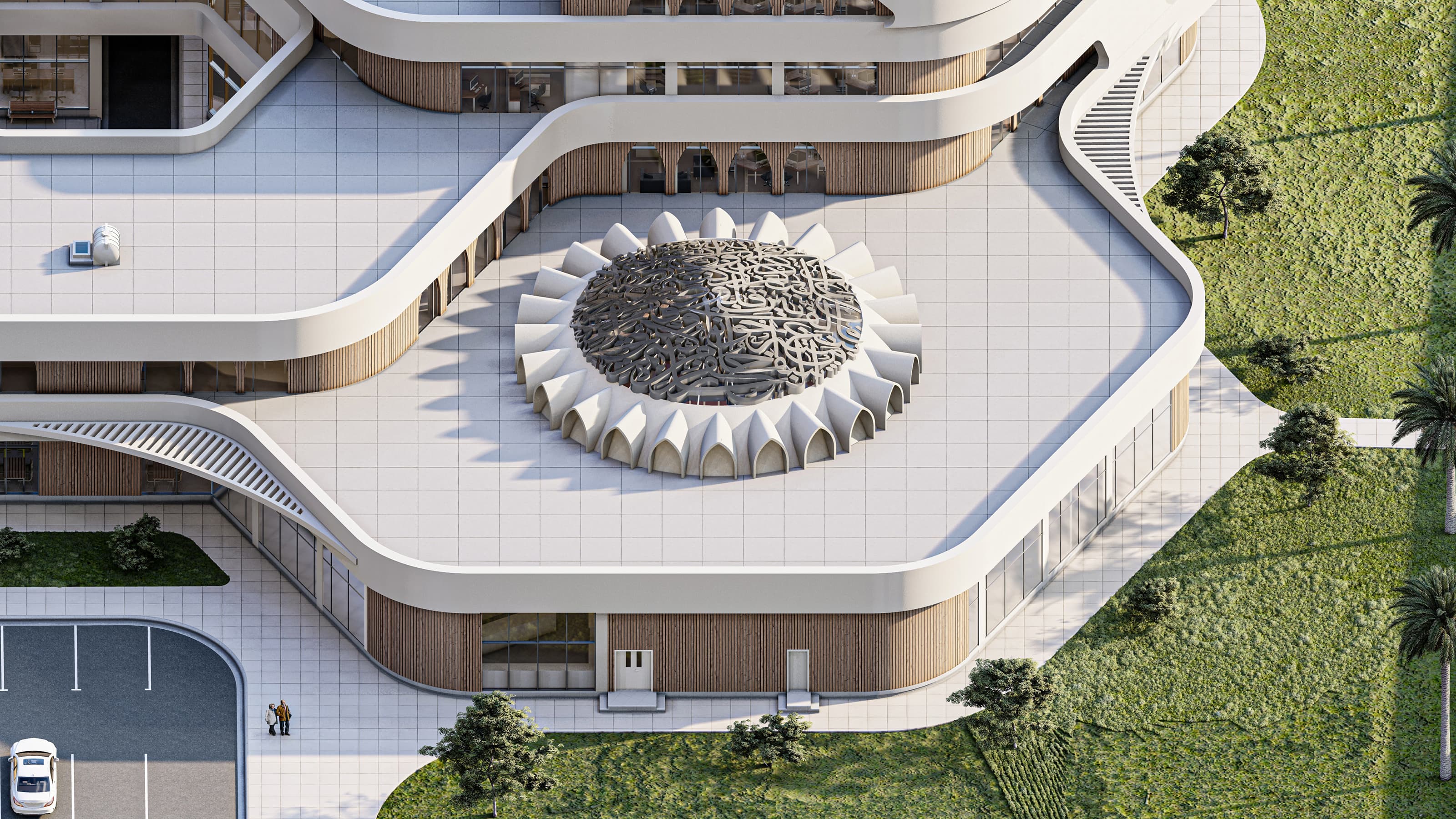 Zooming closer, the detailed view of the central dome showcases the project’s cultural depth. The structure combines modern form with traditional inspiration — a sculpted crown featuring rhythmic arches and intricate calligraphic detailing. It becomes both a skylight and a symbolic centerpiece, representing knowledge and collaboration beneath a shared architectural identity.