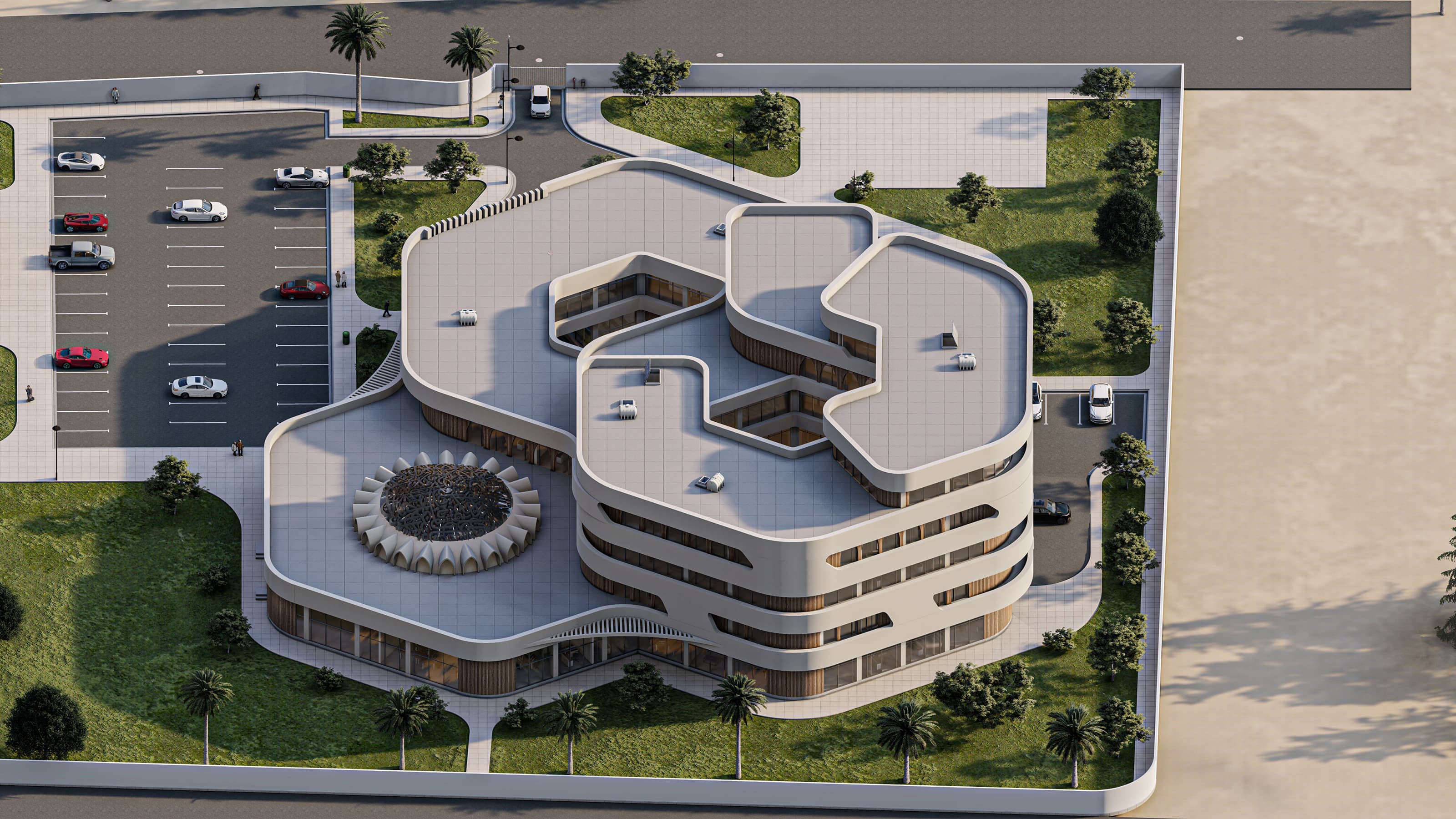 The site plan situates the complex within its urban context, showing clear access routes, parking, and landscaped surroundings. The placement ensures smooth circulation while maintaining open green buffers around the building. This careful orientation maximizes visibility and accessibility, reinforcing the project’s civic and administrative role in the city.