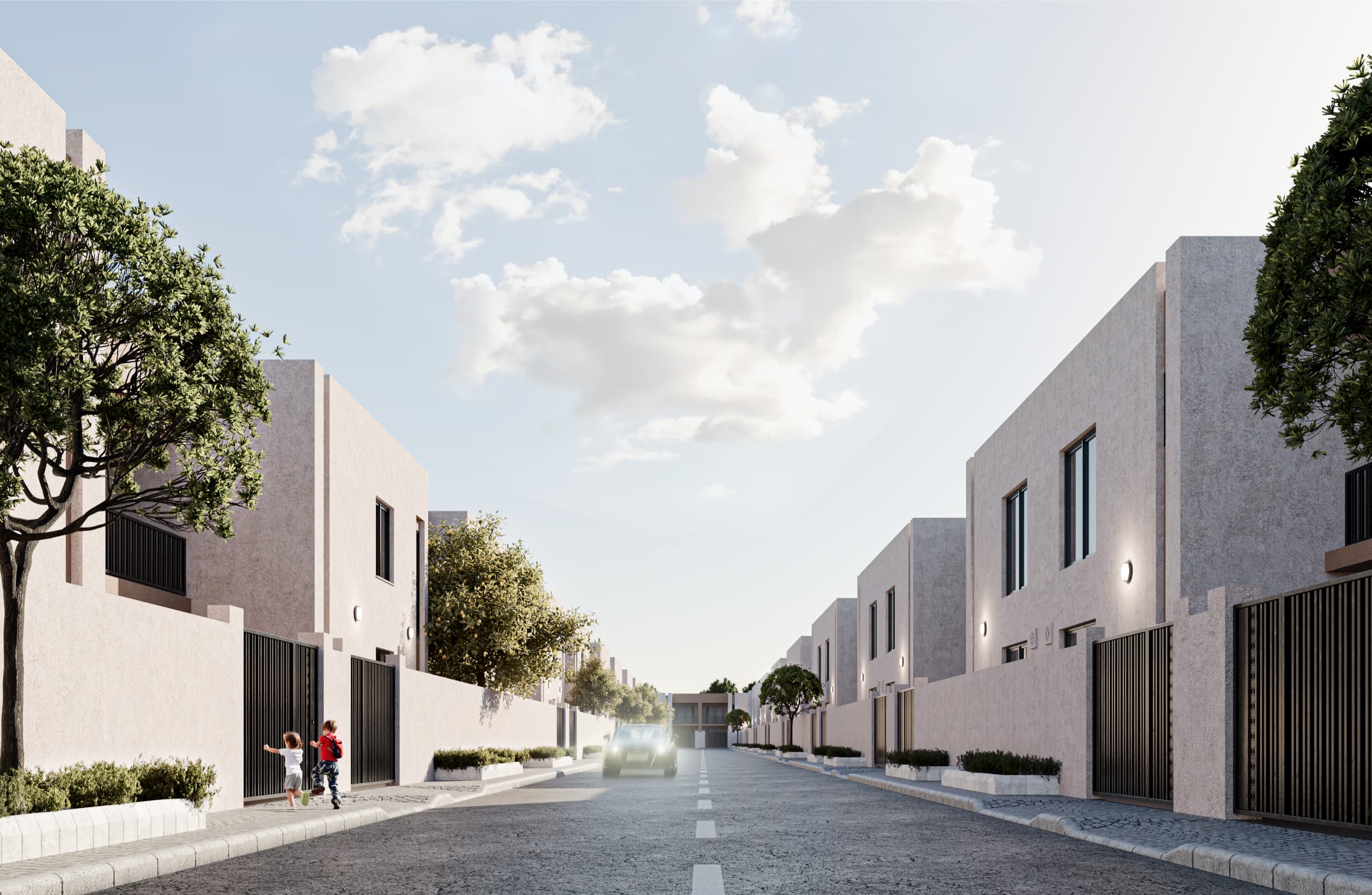 This view focuses on the residential street scale. The narrow roadway, low-rise massing, and continuous boundary walls create a calm, controlled environment suitable for family living. The architecture is intentionally quiet—flat planes, limited openings, and minimal articulation. This is not expressive architecture, and it shouldn’t pretend to be. The success here relies on material texture, shadow control, and landscape maturity rather than form.