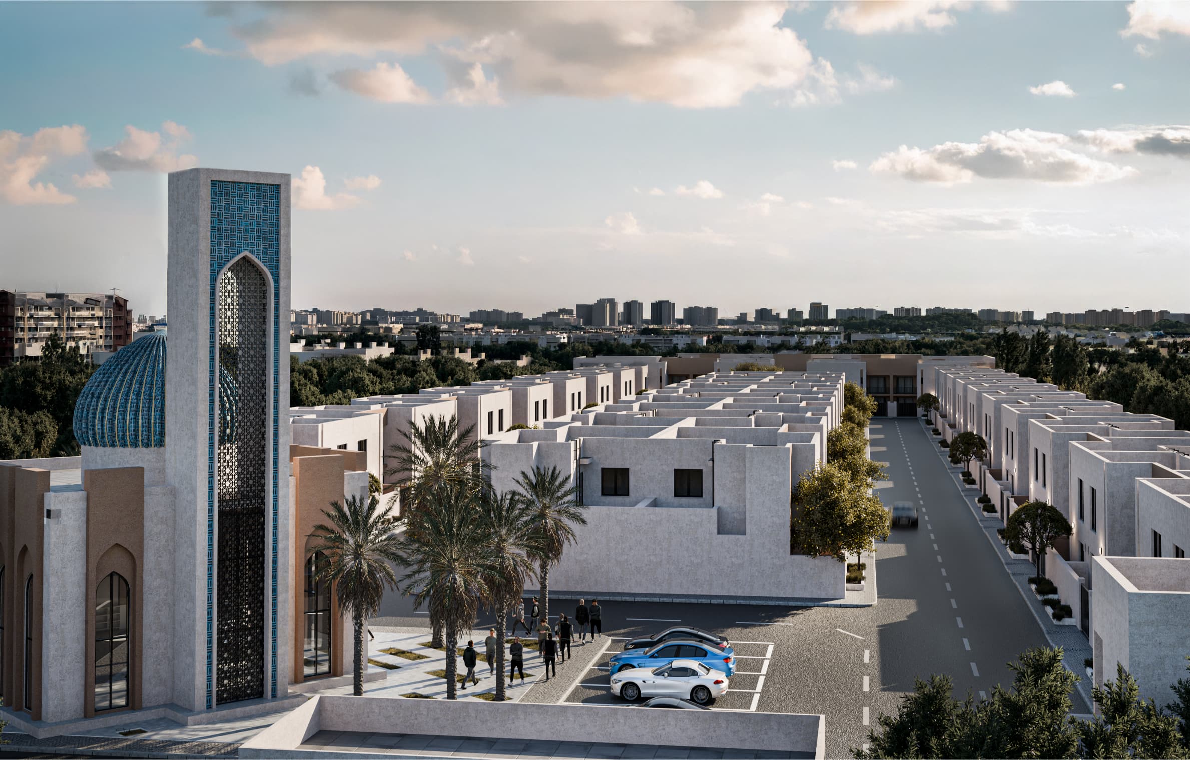 This aerial view explains the project more honestly than any façade image. The linear organization of housing blocks creates a clear circulation spine, with the mosque positioned as a terminating visual and functional node. The repetition of unit typologies reinforces efficiency and clarity, while landscaped buffers soften the rigid geometry. Urbanistically, this works well; architecturally, it depends entirely on consistency. Any deviation in unit execution will visually break the order.