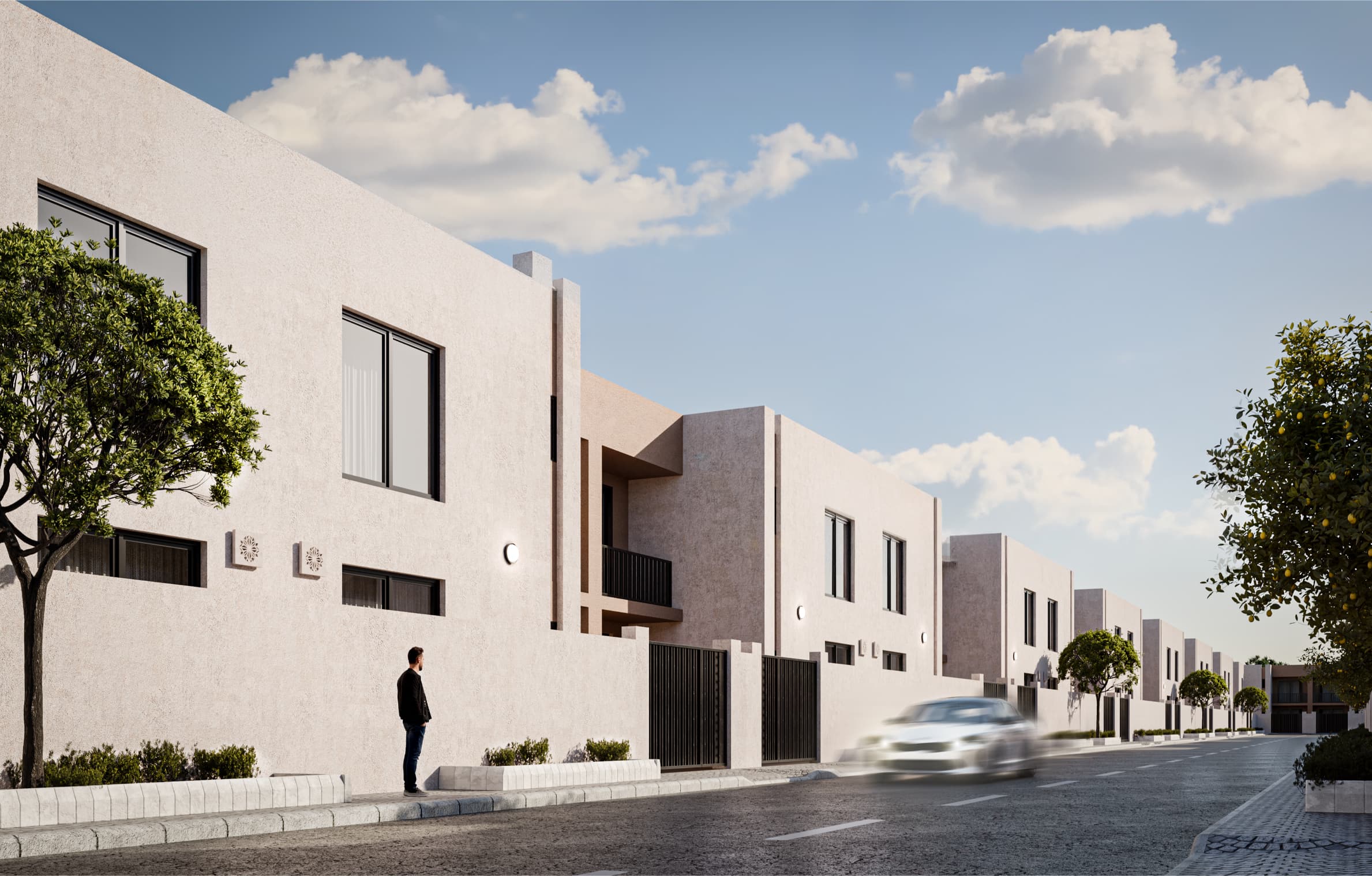 This view shows the transition between civic and residential zones. The mosque forecourt is modest in scale but clearly defined, with palm trees and open paving softening the hard geometry. Parking is handled pragmatically, not elegantly, but honestly. This is acceptable for a neighborhood mosque, though any increase in traffic will stress the layout quickly.