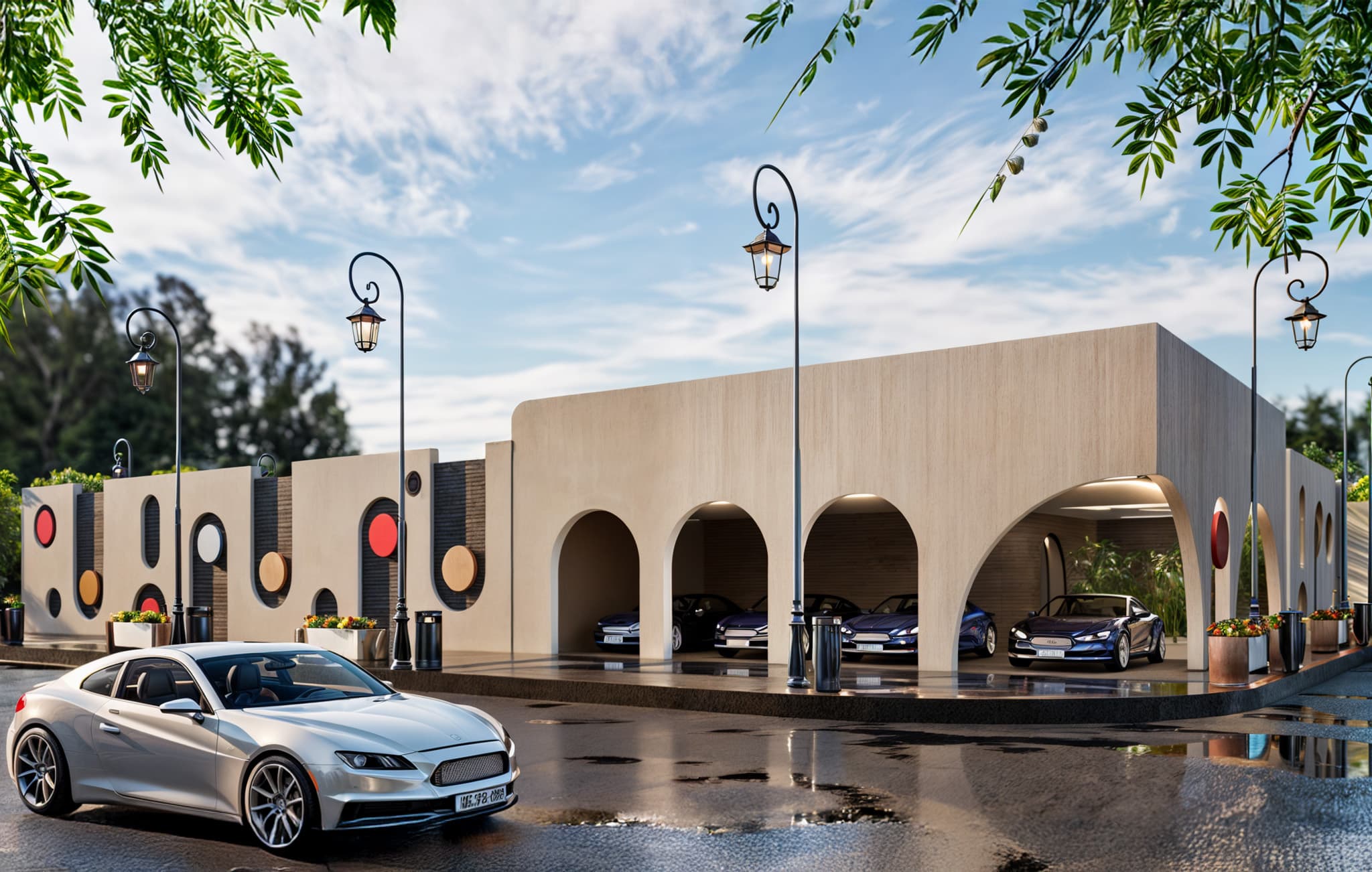 Viewed from the corner, the façade’s sculptural quality becomes clear. The repeated arches and circular insets form a lively composition that catches light and shadow throughout the day. The material palette — light concrete tones paired with vivid color accents — gives the building a timeless yet cheerful character, blending simplicity with creativity.