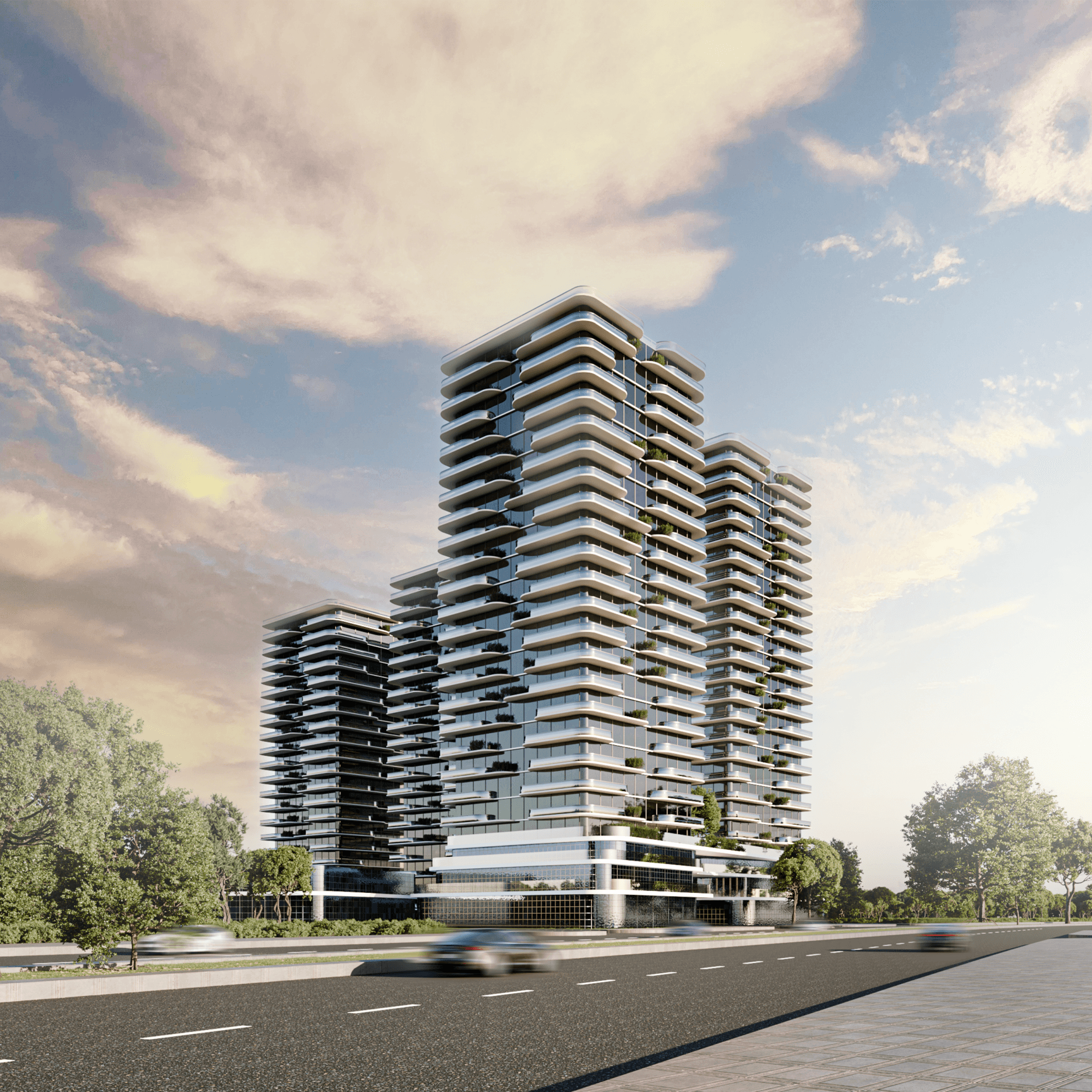 This perspective focuses on the primary tower massing, using the road foreground to emphasize scale and establish a clear, recognizable silhouette. The tower’s stacked terraces create strong shadow lines and a refined horizontal rhythm, while the lighter podium base visually grounds the building and hints at mixed-use or shared community functions. Soft evening daylight gives the glass façades a calm, premium tone without losing clarity in the building’s form.