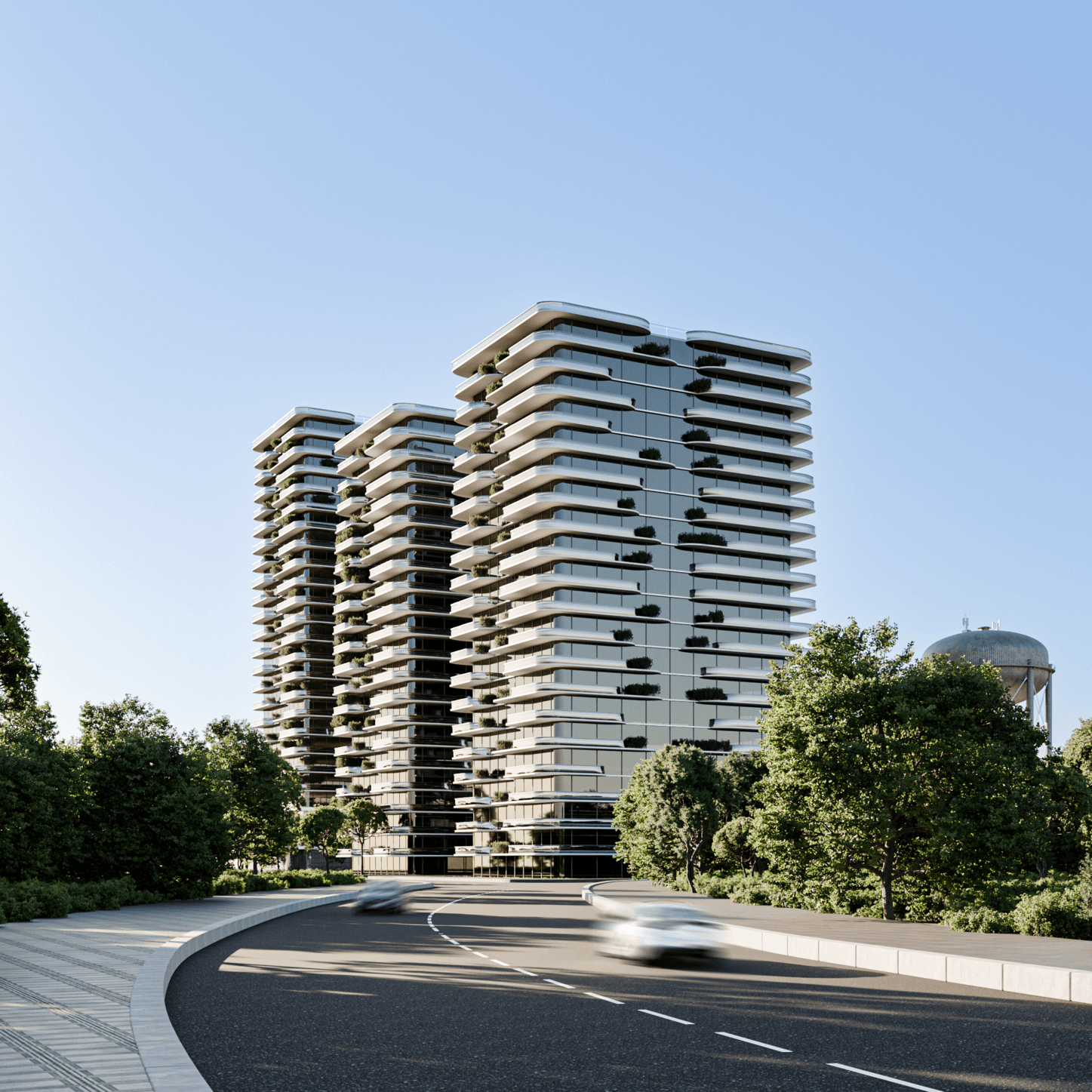 This approach view uses the curved roadway as a lead-in, guiding attention toward the towers and framing a clear arrival experience. The cluster reads as cohesive and orderly, with repeated balcony lines and consistent glazing establishing a unified identity across the buildings. Dense landscaping around the edges creates a buffer from traffic and supports a quieter residential atmosphere at ground level.