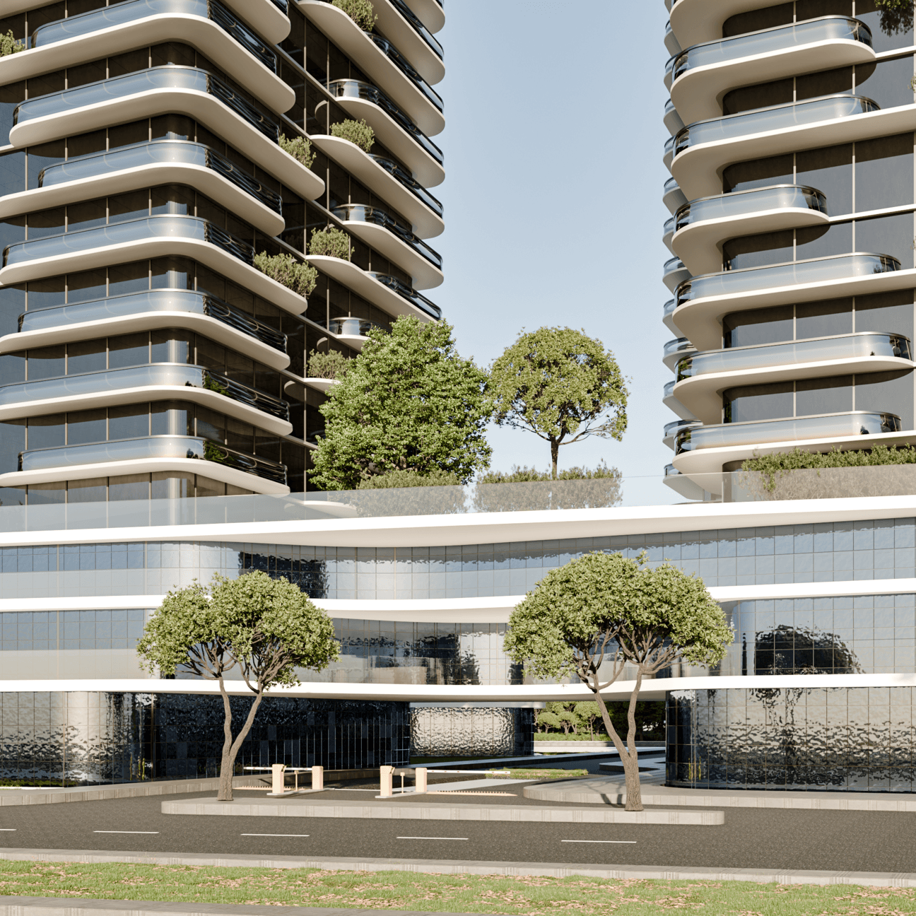 This close view of the podium level emphasizes the project’s human-scale frontage, where a glazed base and smooth canopy lines form a clean, modern arrival zone. The space between towers feels intentional and sheltered, with greenery used to soften the hardscape and define the entry sequence. The composition suggests a functional drop-off and a clear transition from public street to controlled residential and community access.