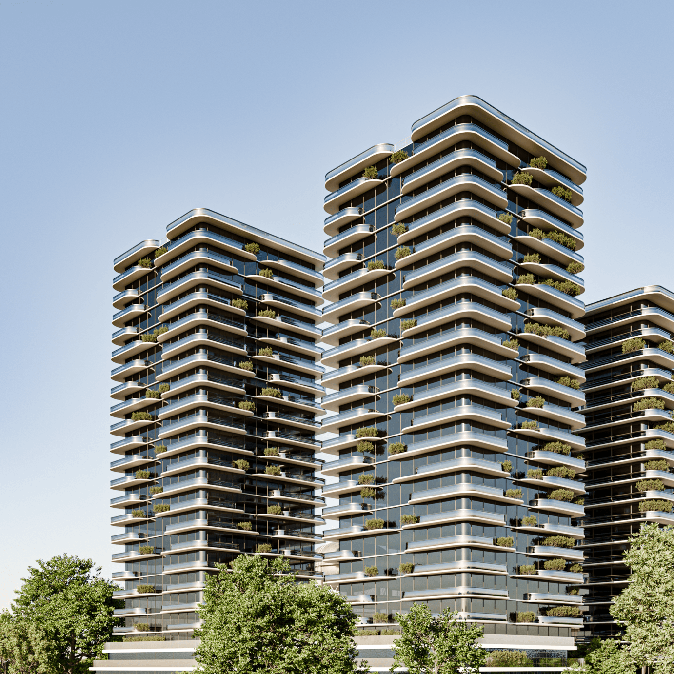 This render shows how the towers work together as a family of buildings, with stepped volumes and consistent balcony geometry creating variation without visual chaos. The façade planting and terrace depth add texture and livability, reinforcing the idea of outdoor rooms rather than flat glass walls. The greenery in the foreground strengthens the residential identity and suggests a landscape-first approach at the base of the development.