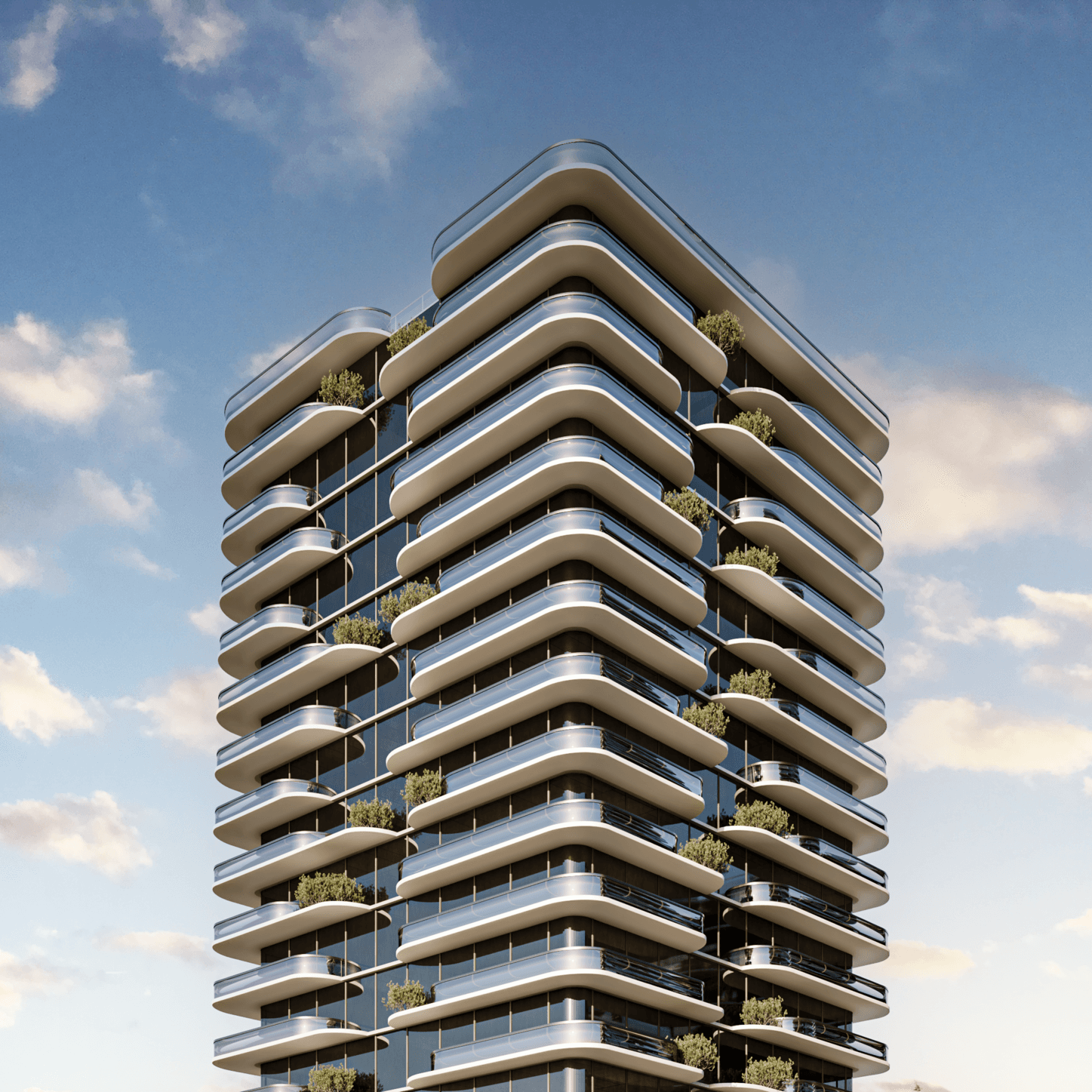 This detailed corner view captures the tower’s identity at its strongest: rounded edges, smooth balcony bands, and a dark glazed core that makes the terraces read as bright, continuous ribbons. Planters integrated into the balcony line soften the façade and add depth, helping the building feel more residential and less corporate. The clean proportions and consistent detailing communicate a modern, high-end character suited to a landmark residential project.