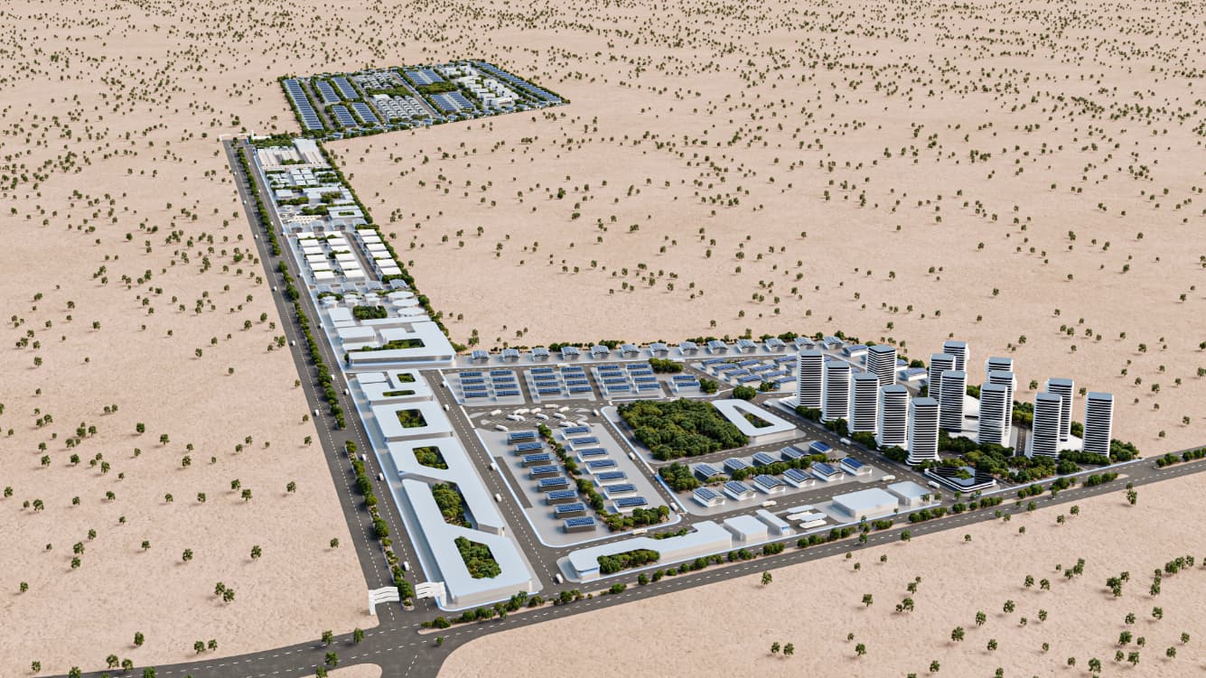 From this height, the project reads as a single, organized system rather than separate neighborhoods. The repetition of buildings reflects an emphasis on efficiency, standardization, and ease of expansion. There’s no attempt to hide the industrial nature of the city; instead, it’s clearly structured to work first and look acceptable second.