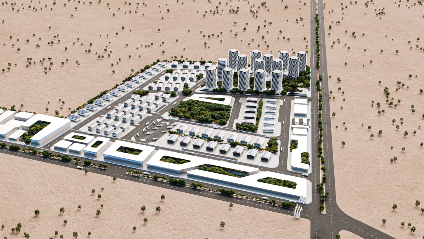 This view highlights the most urban part of the project, where residential towers and shared facilities are grouped together. The higher density creates a visual center and helps reduce travel distances for workers living on site. While the contrast with the surrounding low-rise buildings is strong, it helps give the city a recognizable heart.