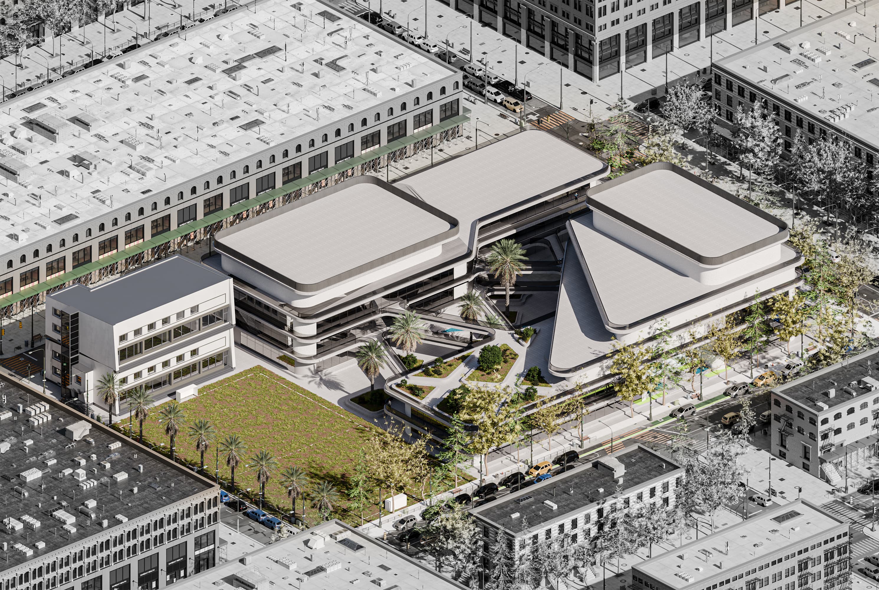 From an aerial view, the school complex stands out with its soft, flowing forms set within a strict urban grid. The buildings surround a central courtyard that becomes the heart of the design — a space of openness, greenery, and movement. The result is a calm yet dynamic educational environment that blends nature and architecture seamlessly.