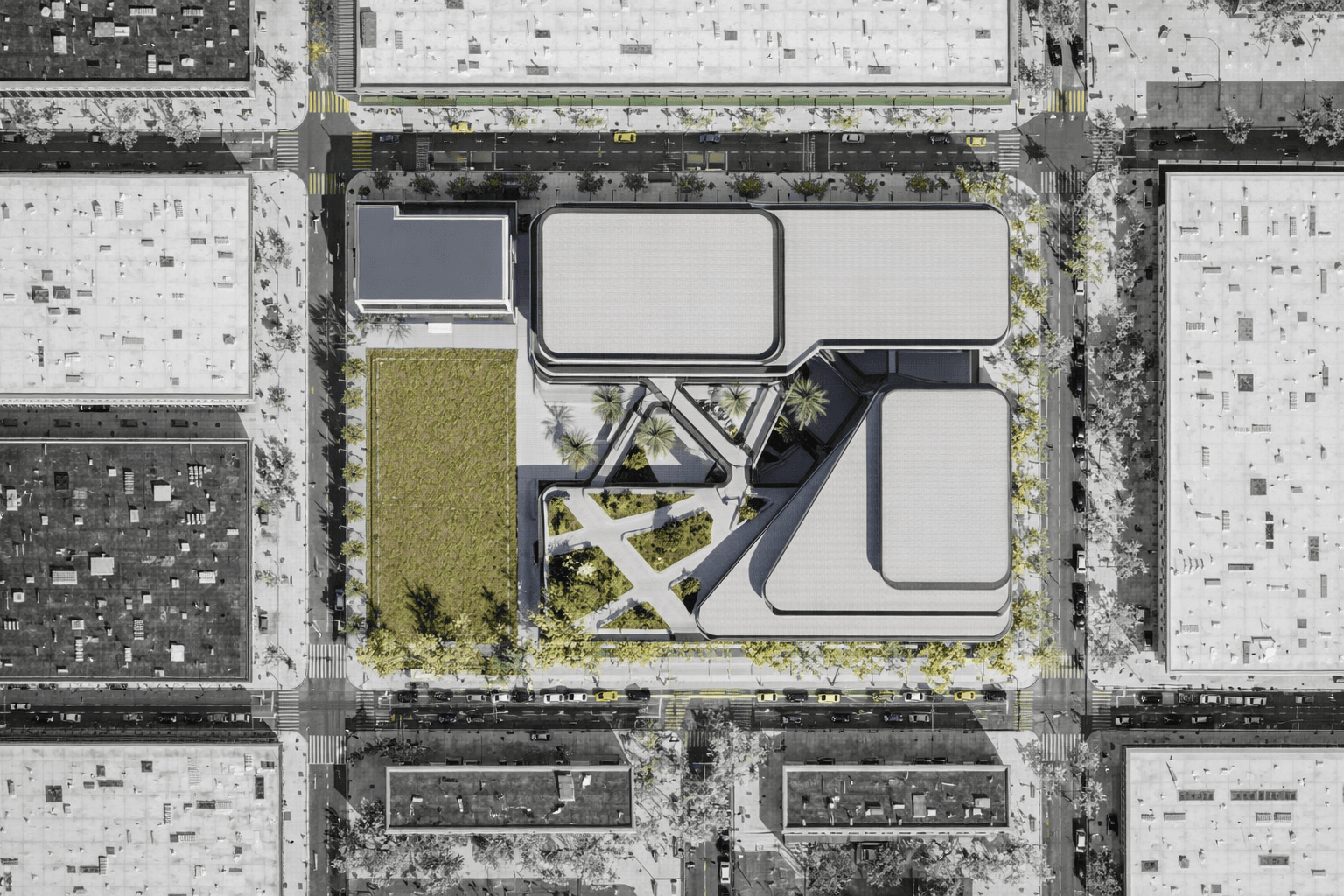 This school is organized as a compact, well-defined campus that prioritizes clarity of movement, safety, and outdoor learning spaces. The building masses are arranged around a central landscaped courtyard, creating a protected interior environment that supports student interaction, recreation, and visual connection to nature. Clear separation between built volumes and open green areas enhances orientation and reduces congestion, while the surrounding street grid allows controlled access from all sides. The plan balances dense educational functions with generous outdoor spaces, promoting natural light, ventilation, and a calm learning atmosphere within an urban context.