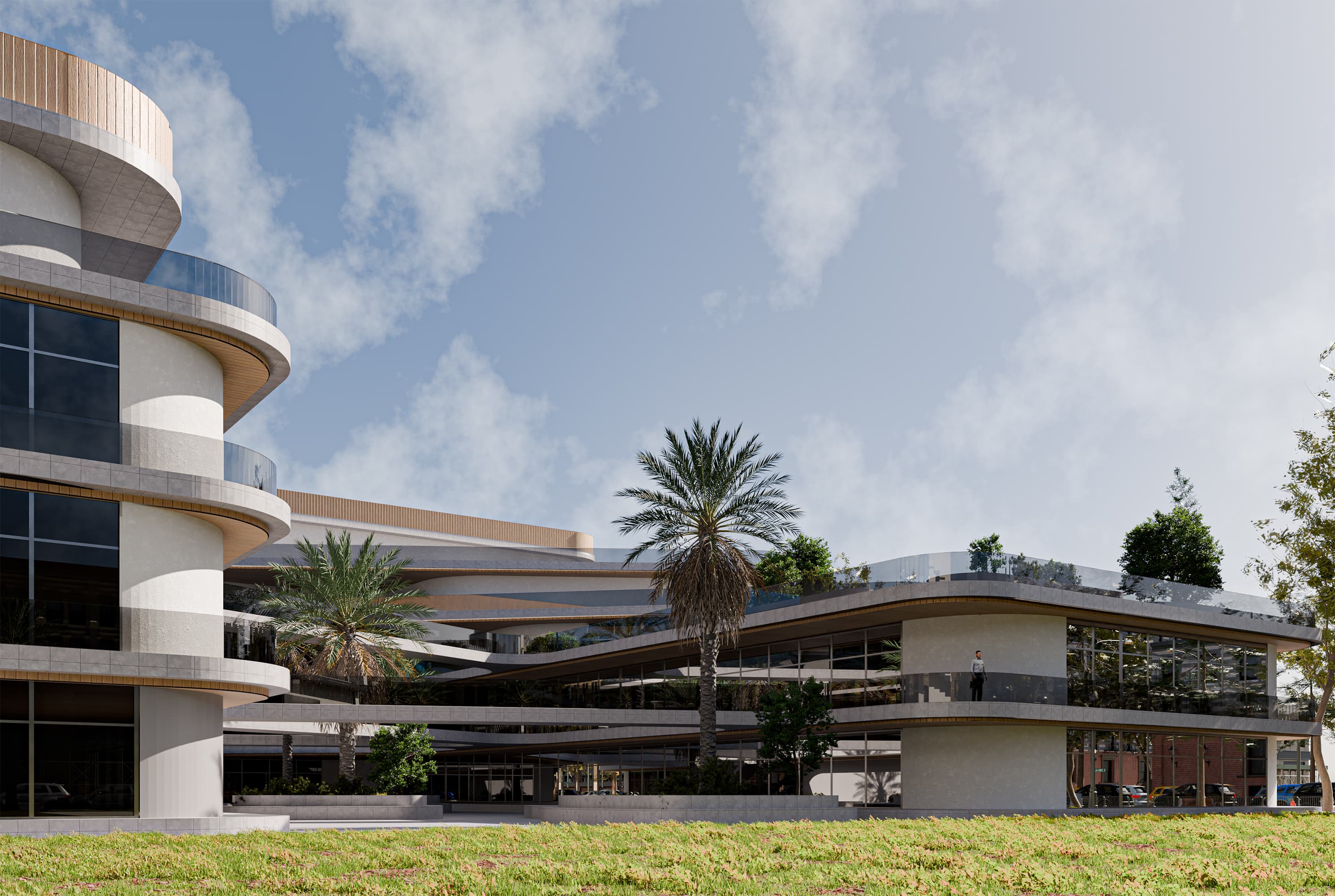 From the garden side, the architecture embraces the open green field. The transparent facades and generous terraces blur the boundary between indoor and outdoor spaces. This connection with nature supports the school’s focus on balance, wellbeing, and curiosity through design.